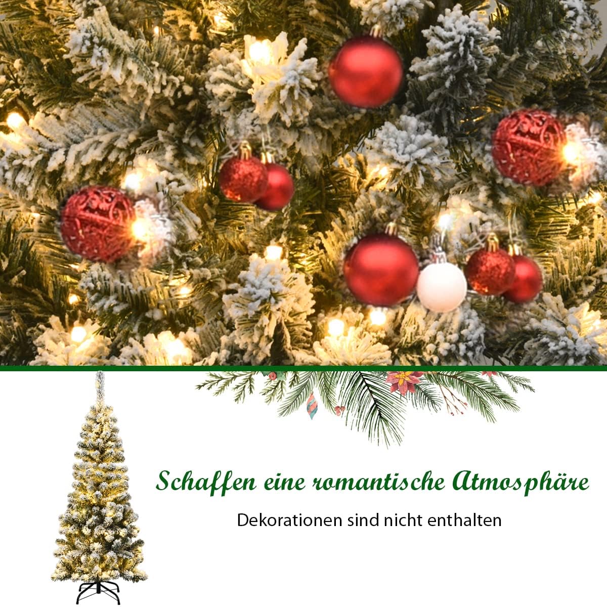 COSTWAY 135/180/225cm Bleistift Weihnachtsbaum mit Schnee und warmweißen LED-Leuchten, künstlicher Tannenbaum mit Metallständer, Christbaum PVC Nadeln, Kunstbaum Weihnachten Klappsystem Grün (135cm)