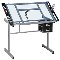 Yaheetech Tavolo da Disegno Inclinabile Scrivania con Piano in Vetro Regolabile Struttura