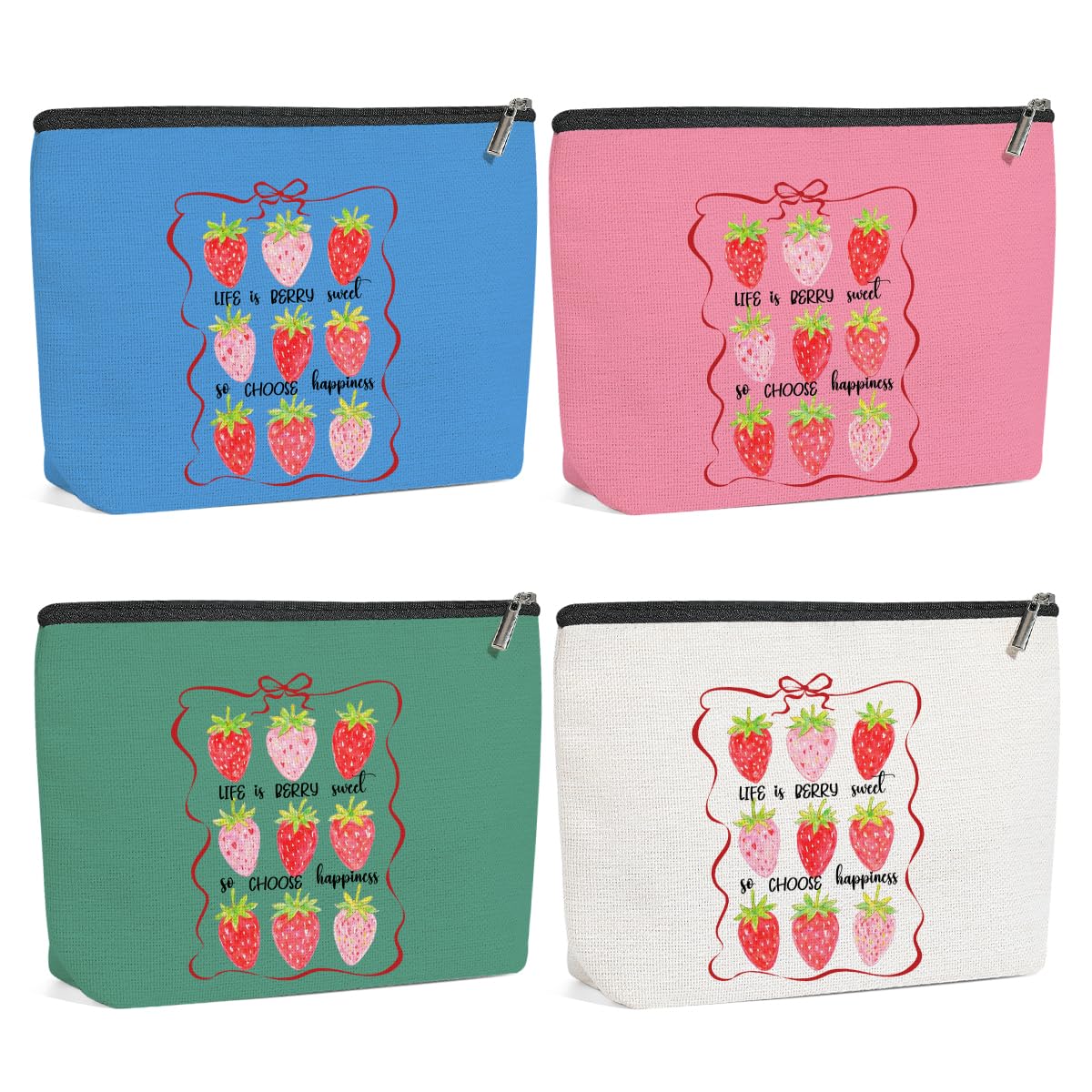 4 Pack Inspirational Coquette Bow Cute Strawberry Makeup Bag, Travel Essentials Cosmetic Bags for Women Sister Mom, Girls Trip Bachelorette Party