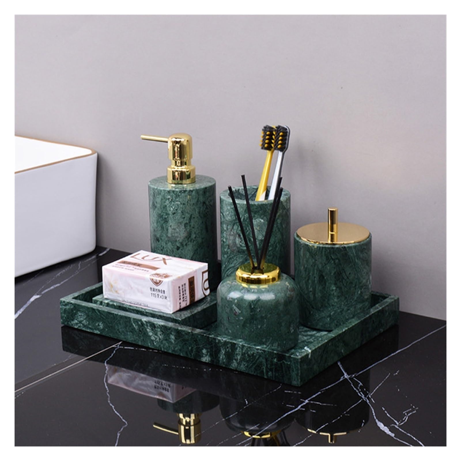 Set baño Juego de baño mármol Natural Verde Oscuro con Bandeja Lujo Clara, Soporte for Cepillo Dientes, Kit dispensador jabón(Soap Dish B)