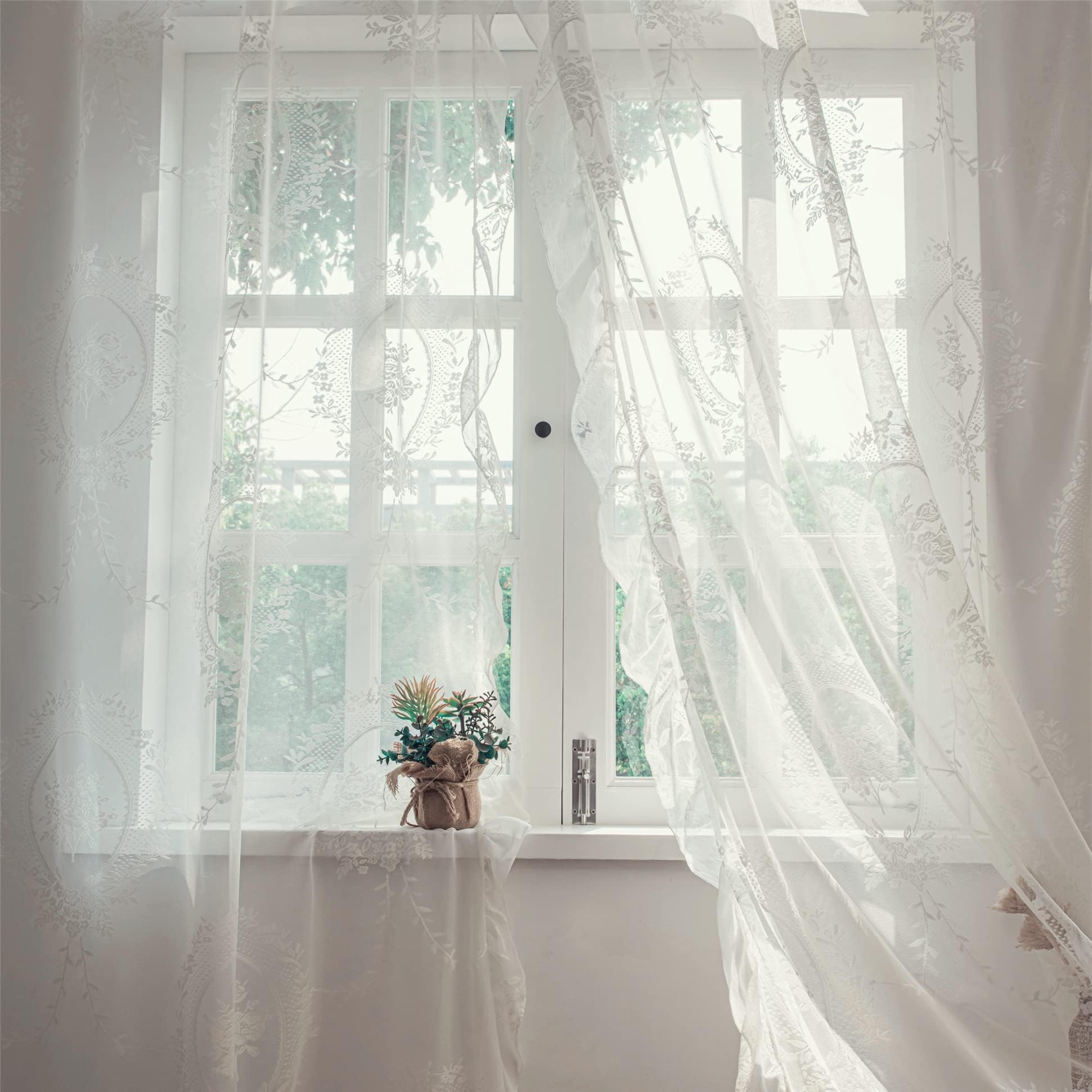 Deeprove White Lace Curtains 84 Inches Long 2 Panels Set, French Boho Sheer Florals Bohemian Ruffle, Shabby Chic Vintage Window Treatment Pair Decor Drapes for Bedroom, Rod Pocket, W57 x L84