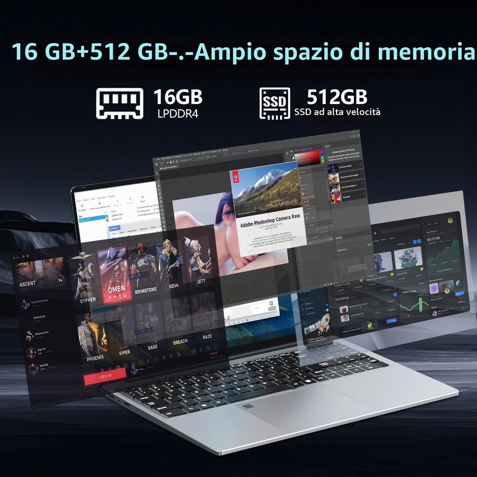 Notebook 16 Pollici, Win 11 PC Portatile 16GB RAM 512GB SSD, Celeron N100 CPU, Laptop 1080P Schermo, Tastiera Retroilluminata+Sblocco Impronta Digitale, 6000mAh Battery, BT5.0/BT 5.0/Webcam/Mini-HDMI