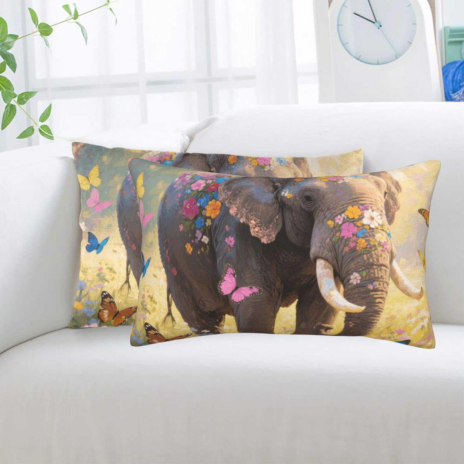 2 Pack Standard Pillowcases Sets, Ultra Soft Comfort Microfiber Plush Pillow Cases Butterfly Elephant Decorative Throw Pillow Cover with Hidden Zipper for Bedroom, Sofa, Couch,16"X24"