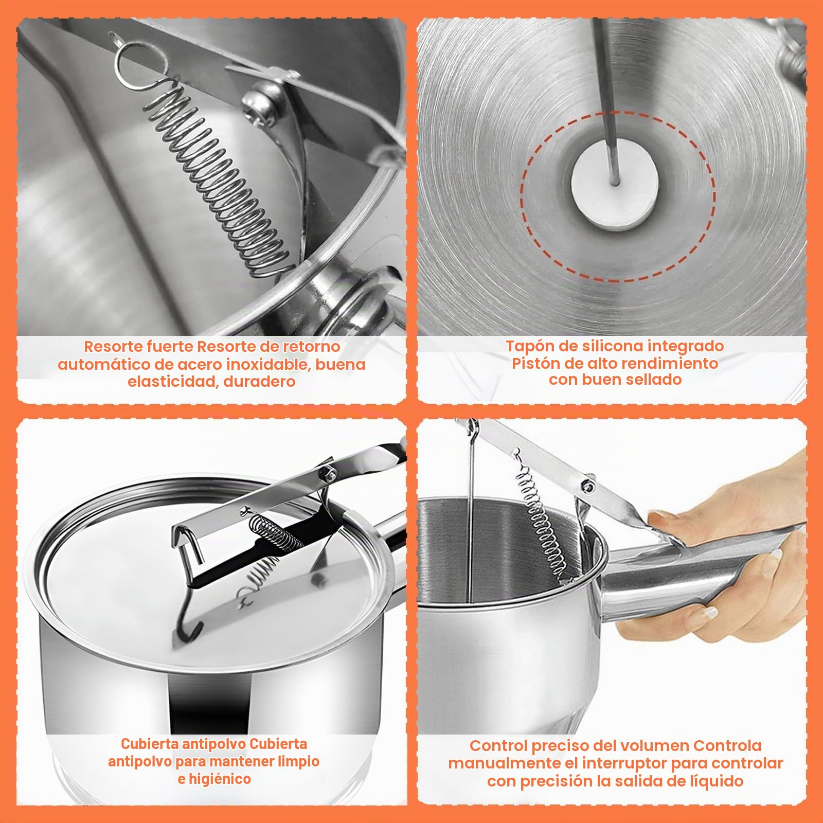 1200ml Dispensador Masa con Tapa & Soporte & 4 Boquillas Repuesto, Embudo Pistón Multi-Calibre, Herramientas Cocina Acero Inoxidable, Dispensador para Postres, Tortitas, Pastel, Panqueques