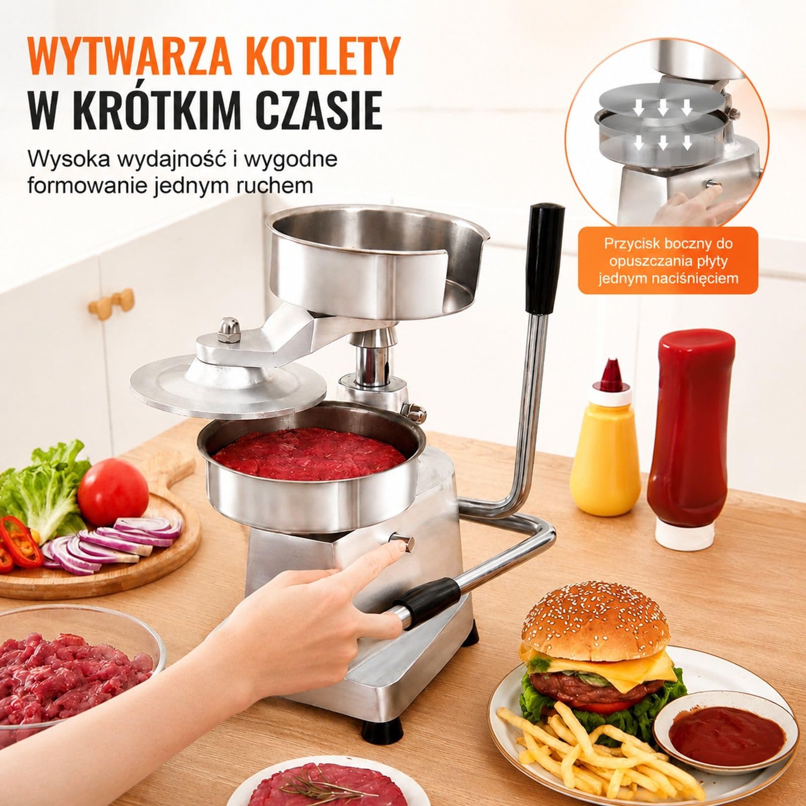 Ręczna prasa do burgerów z misą, metalowa forma do kotletów z 1000 arkuszami papieru do kuchni i cateringu