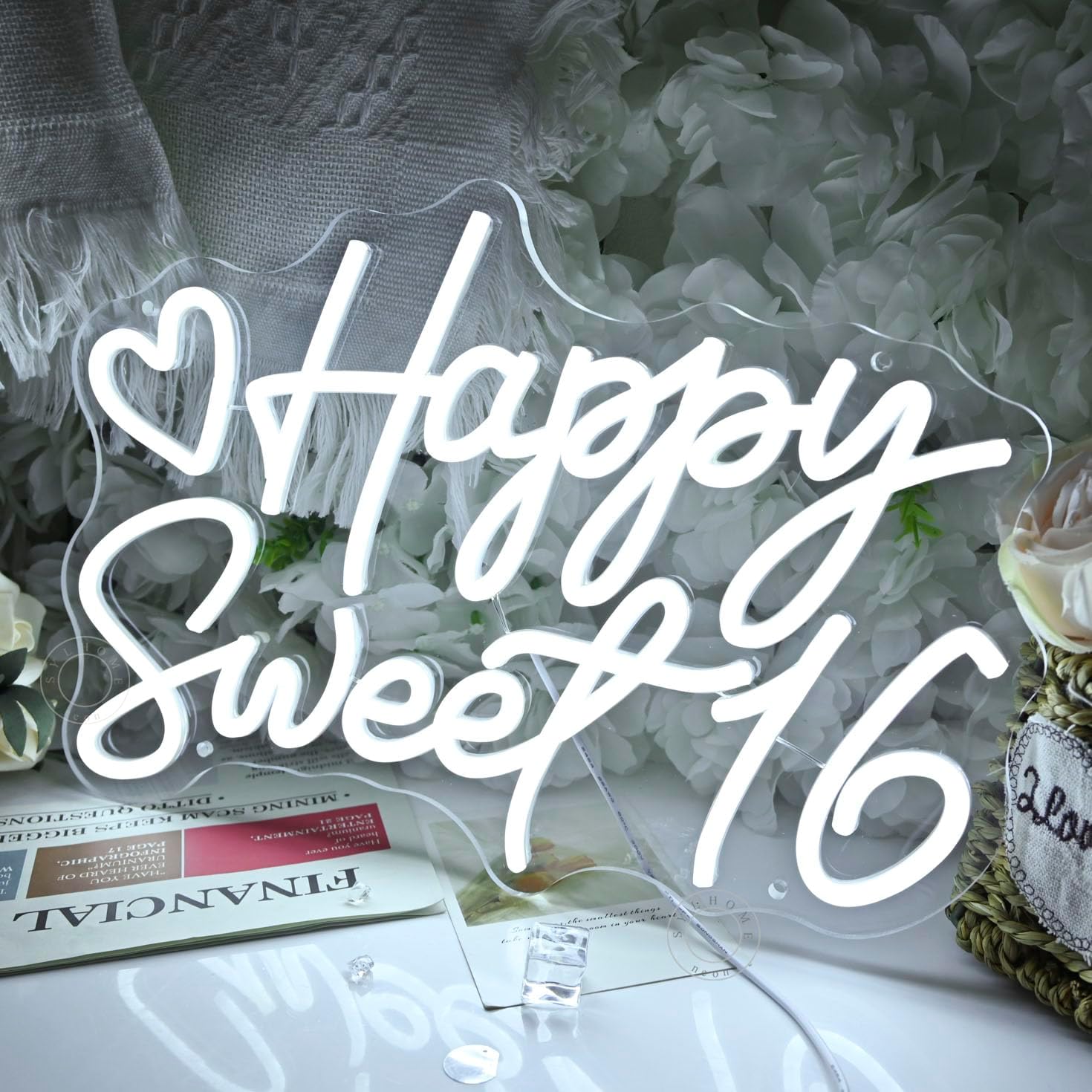 SYLHOME Happy Sweet 16 Led Neon Light Sign Happy 16th Birthday Party Backdrop Wall Sign Decor Sixteen Birthday Banner 15.75" X 10.24" USB Cold White