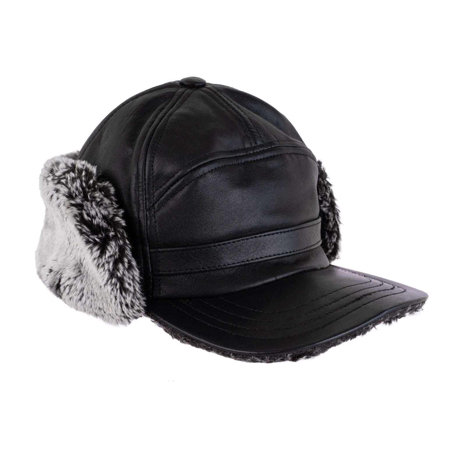 Handmade Leather Winter Baseball Cap Earflap Fitted Men Soft Hunting Hat, Ear Flap Trapper hat, Winter Warm hat Black