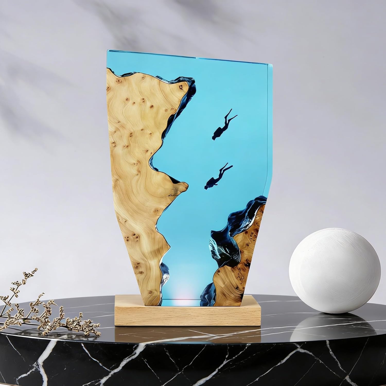 Artistic Ocean Diver Resin Night Light - Handmade Two Divers Themed LED Decor Lamp, Unique Marine Life Decorative Accent for Home/Office