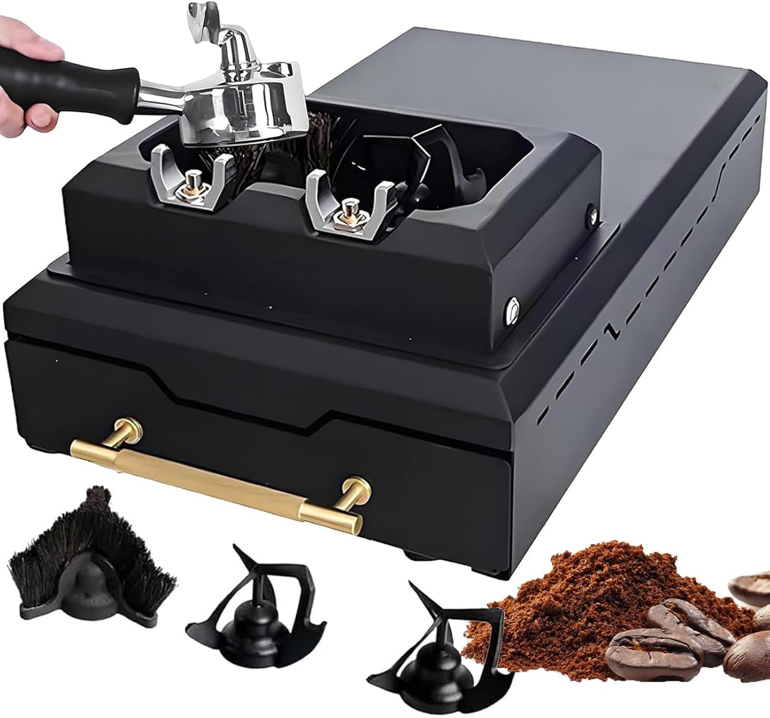 Pulitore elettrico per portafiltro da 150 W, 300 giri/min, per la rimozione dei fondi di caffè, adatto a cestelli da 58 mm, con 2 raschietti e 1 spazzola, ideale per uso domestico e professionale.