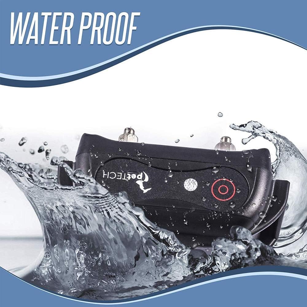 PetTech PT0Z1 receiver collar being splashed with water, demonstrating its waterproof feature.