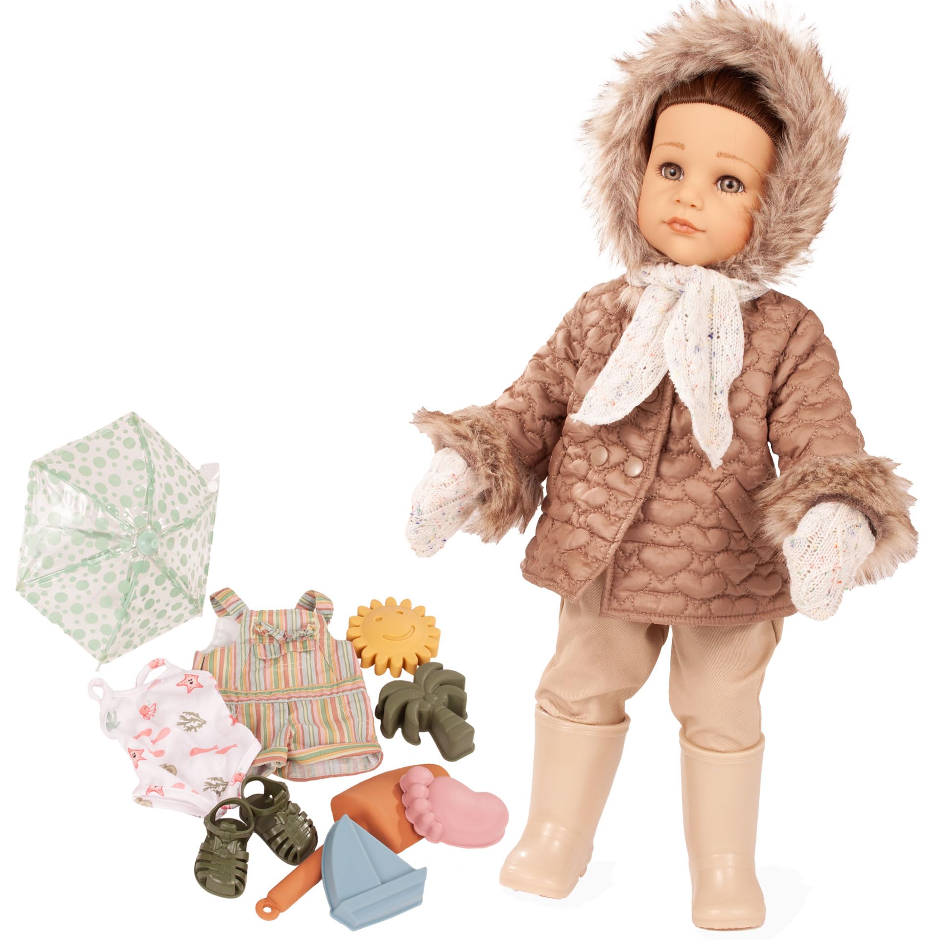 Götz 2559012 Hannah Every Season Puppe 50 cm Stehpuppe 18-TLG | für Kinder ab 3 Jahren, braune Haare, braune Augen, Saisonoutfits, Regenschirm, Sandspielzeug, frisierbar, Vinylhartkörper