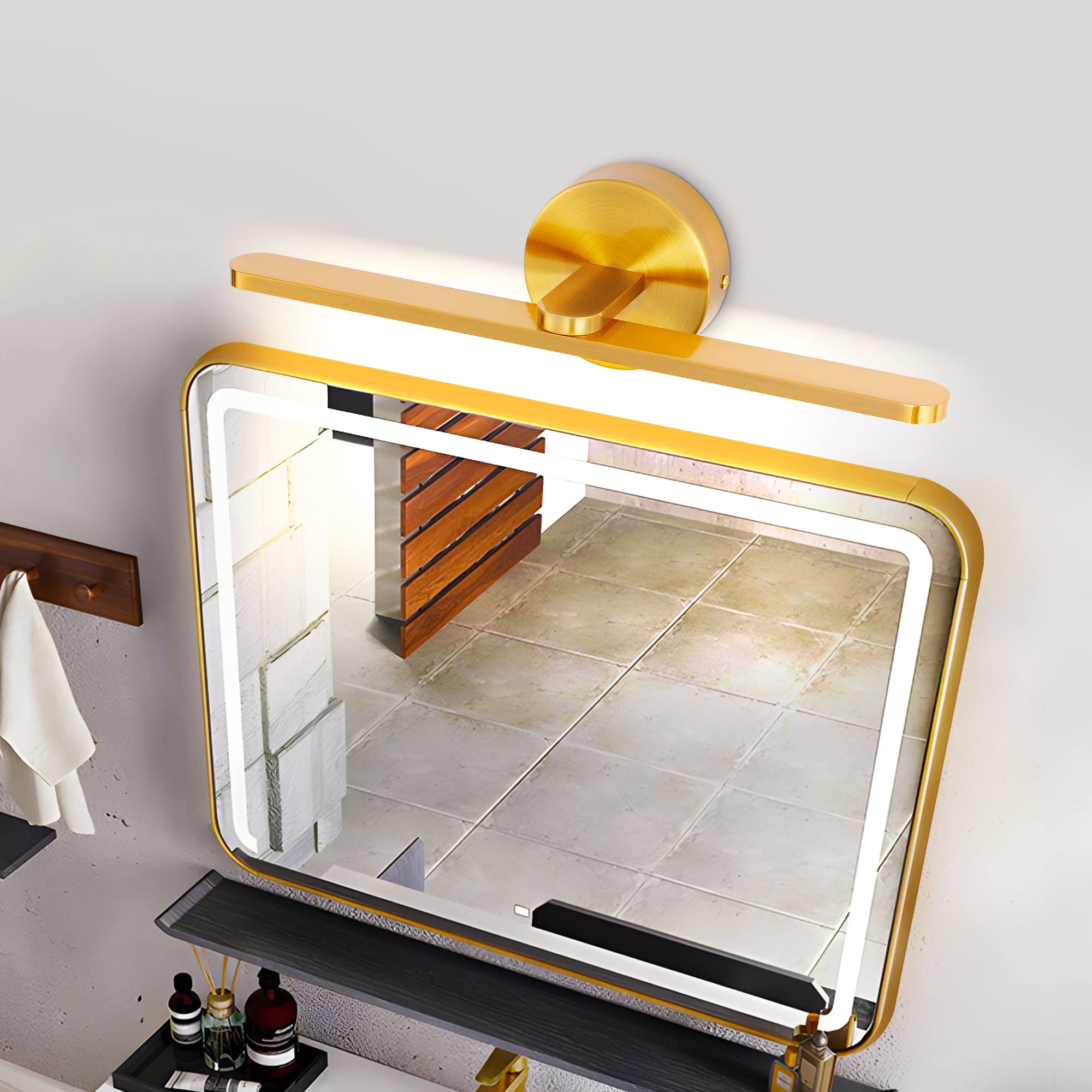 MantoLite Aplique LED latón pulido, Aplique para lámpara de cabecera, iluminación de cuadros 40CM 12W luz de espejo de baño IP44 3000K, luz de lectura Iluminación interior