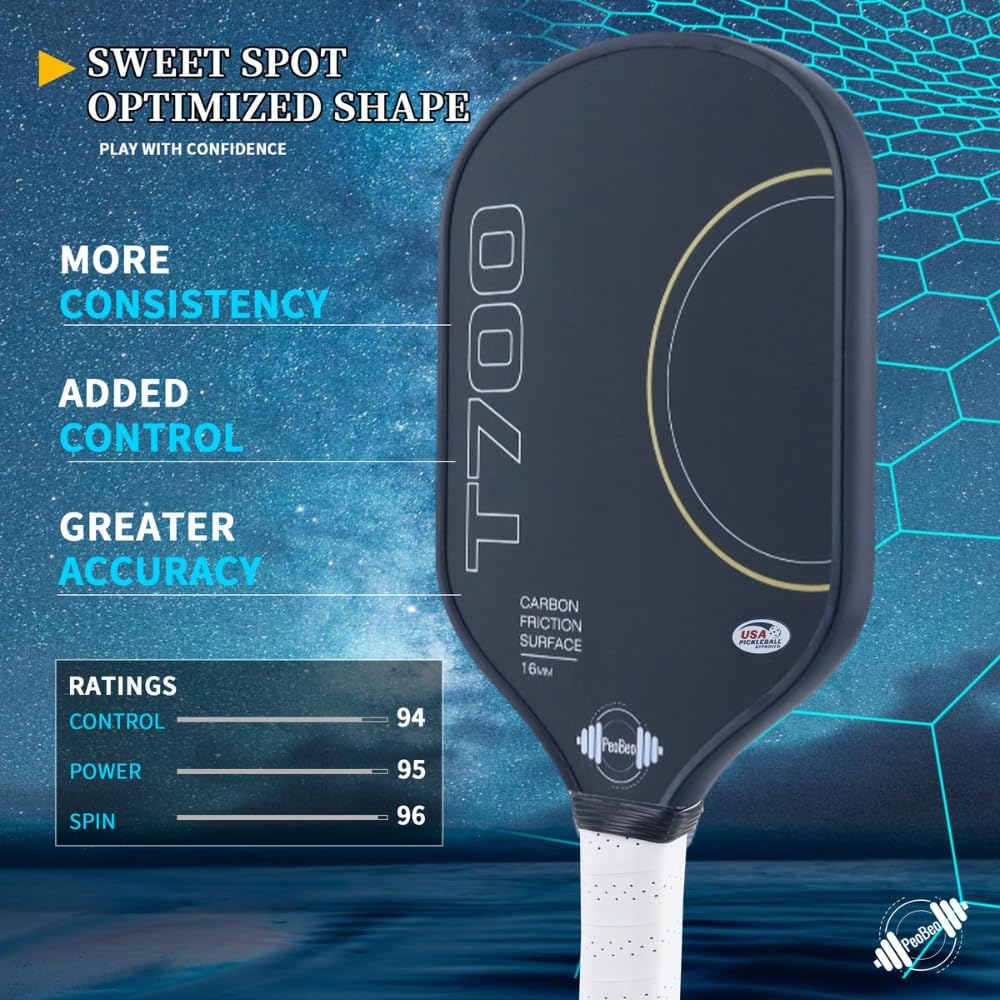 USAPA Approved T700 Raw Carbon Fiber Pickleball Paddle with a Rev-Core Power Polymer Core, Charged Carbon Surface, 16mm Paddle Ultimate Spin, Control & Consistency, Anti Slip Sweat Absorbing Grip