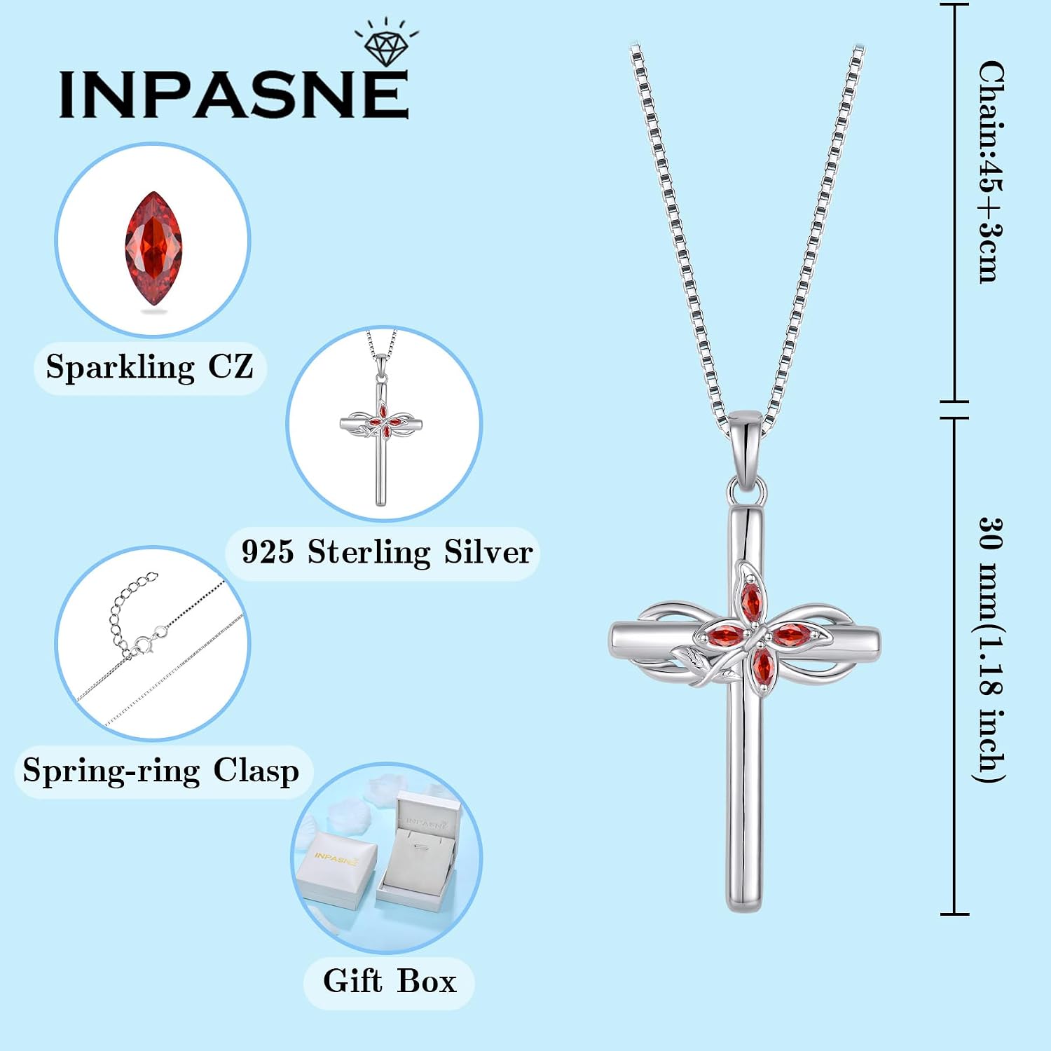Cross Necklace for Women 925 Sterling Silver Butterfly Cross Pendant Necklace Birthstone Jewelry Gifts for Her