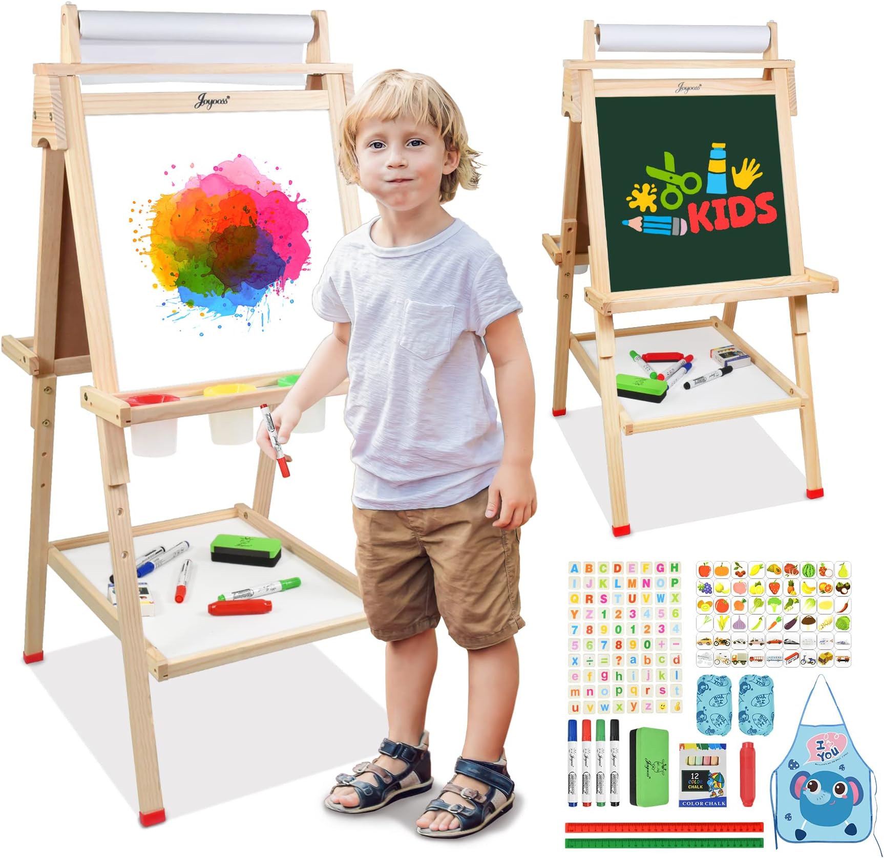 Joyooss Art Easel for Kids with Double-Sided Magnetic, Wooden Standing Kids Easel with Dry Erase Whiteboard & Chalkboard, Height Adjustable Children Easel with Paper Roll, Bonus Toddler Art Supplies