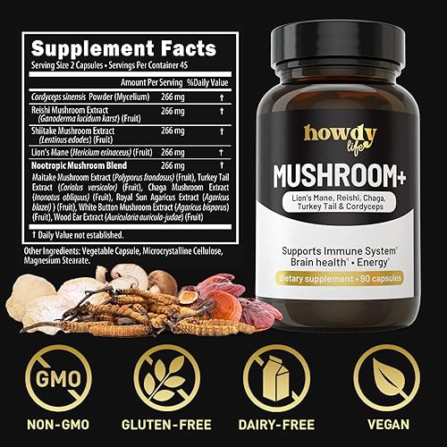 Miniatura 2 de Cápsulas de suplemento de melena de leones, suplemento de hongos potenciador cerebral con Reishi, Chaga, Cordyceps y polvo de hongos de cola de pavo