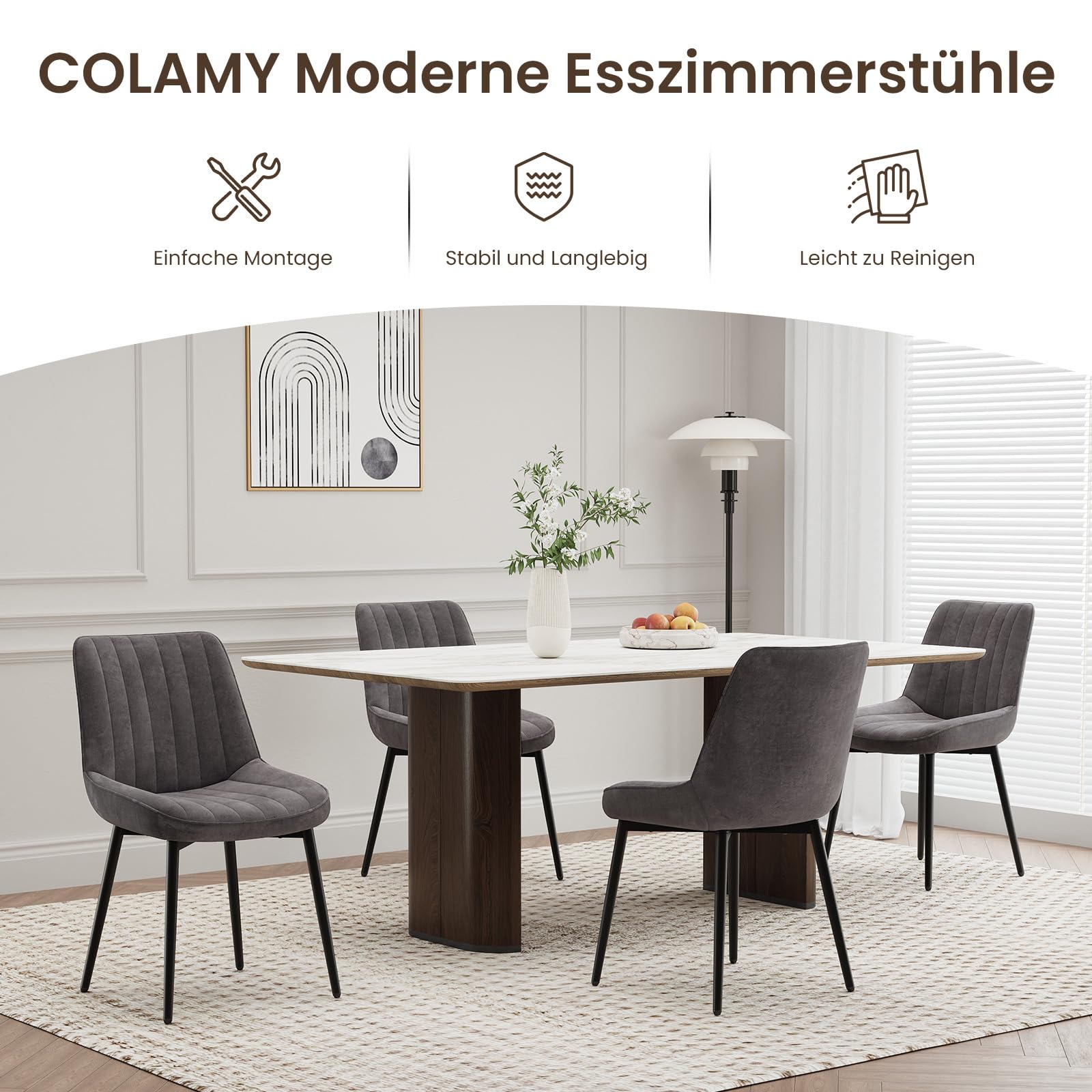 COLAMY Samt Esszimmerstühle 4er Set – Gepolsterte Stühle für Esszimmer & Küche mit Metallbeinen, Dickem Sitzpolster & Rutschfesten Füßen, Grau