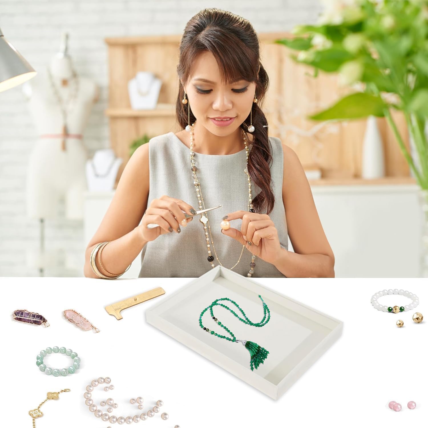 2pcs/Set Velvet Jewelry Tray, Grids Large Storage Tray for Bracelet Bangle Beads Display, Jewellery Organizer Box Tray for Home Drawer or Shop Store Selling Show (Beige Velvet)