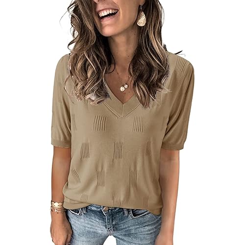 Arach&Cloz Womens Tops 2025 Spring Summer Short Sleeve Sweater Fashion Trendy Dressy Casual Outfit Versatile Knit Blouse
