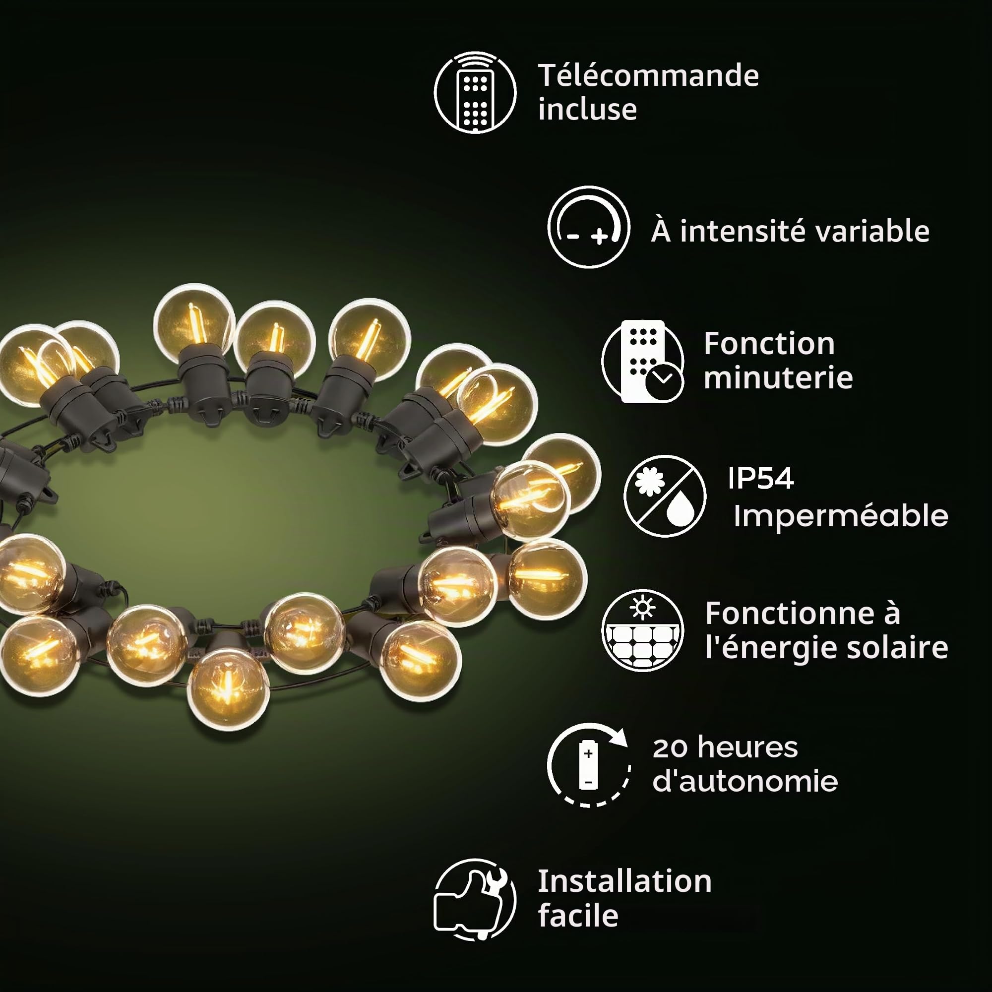 CALEX Vista Guirlande Solaire 10 m/33 pi, Éclairage LED de Jardin, 20 Ampoules, Guirlande Étanche IP44, Éclairage Chaleureux, Télécommande Incluse