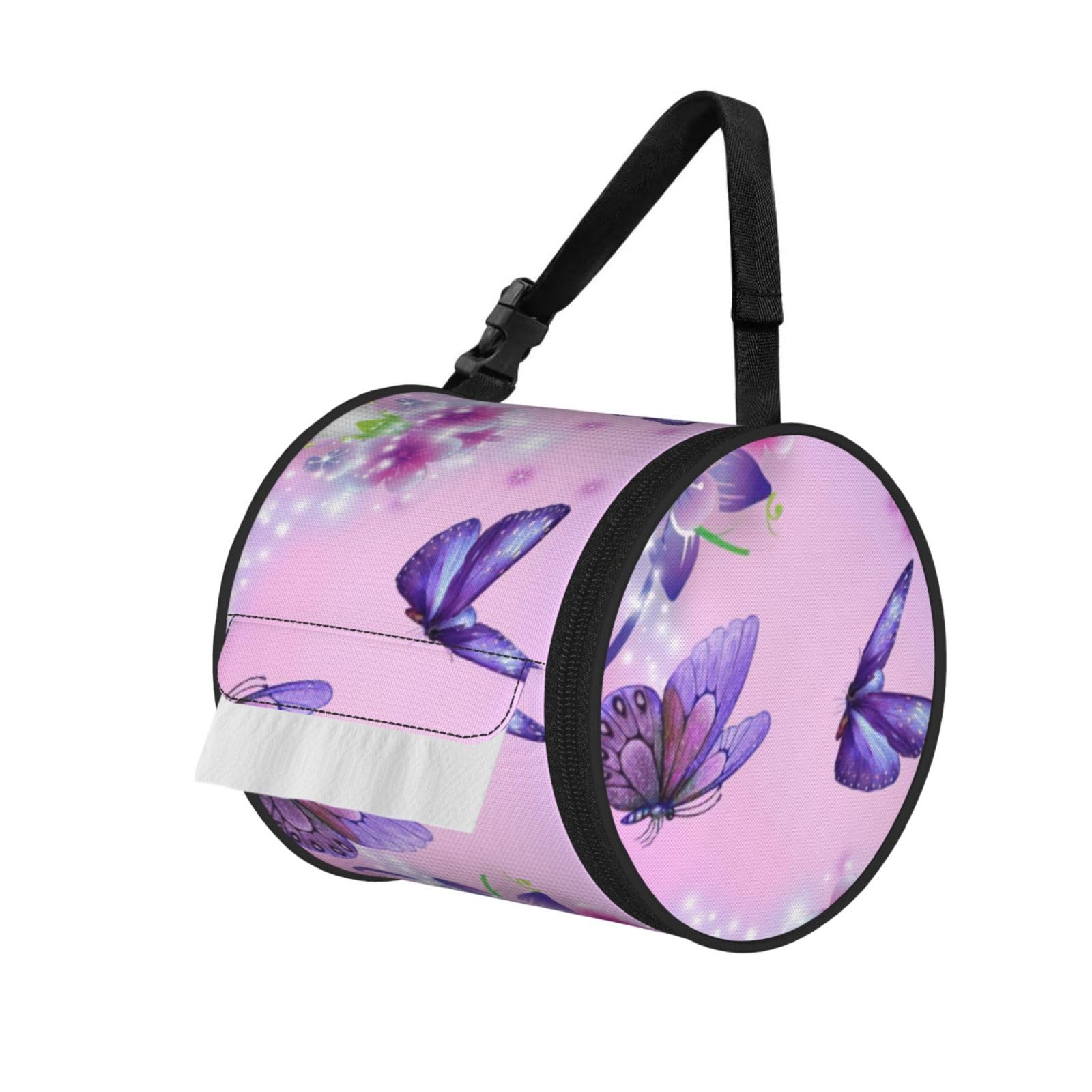 Pink Butterfly Print Fashion Tissues Organizer Box, Hanging Tissue Holder For Purse Coins For Car Office Daily Outing