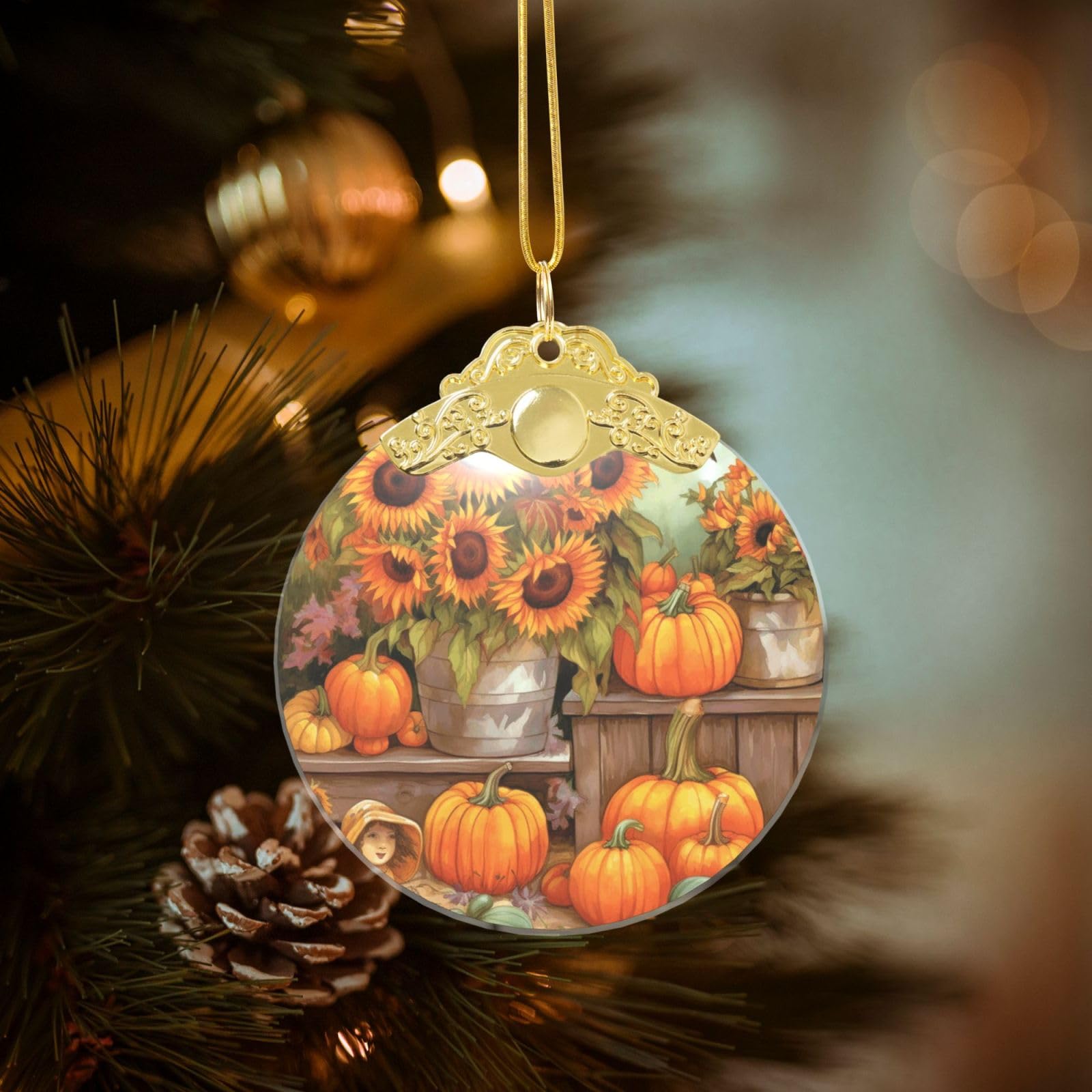 Crystal Christmas Ornaments for Christmas Tree Decoration Hanging Autumn Sunflowers Pumpkins Ornament with Gold Ribbon Crafts Round Pendant for Keepsake Gifts Glass Xmas Decor Party Supplies