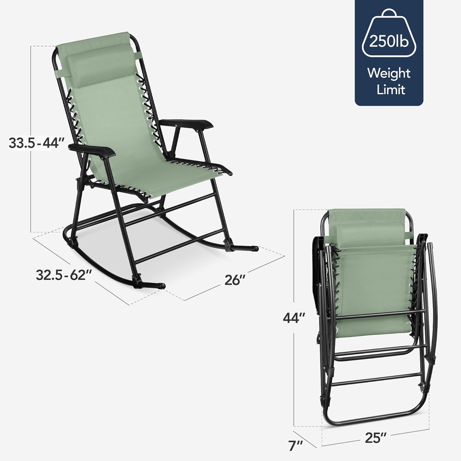 Best Choice Products Outdoor Zero Gravity Rocking Chair, Folding Reclining Patio Lounge Chair with Adjustable Pillow for Lawn, Beach, Camping - Sage Green