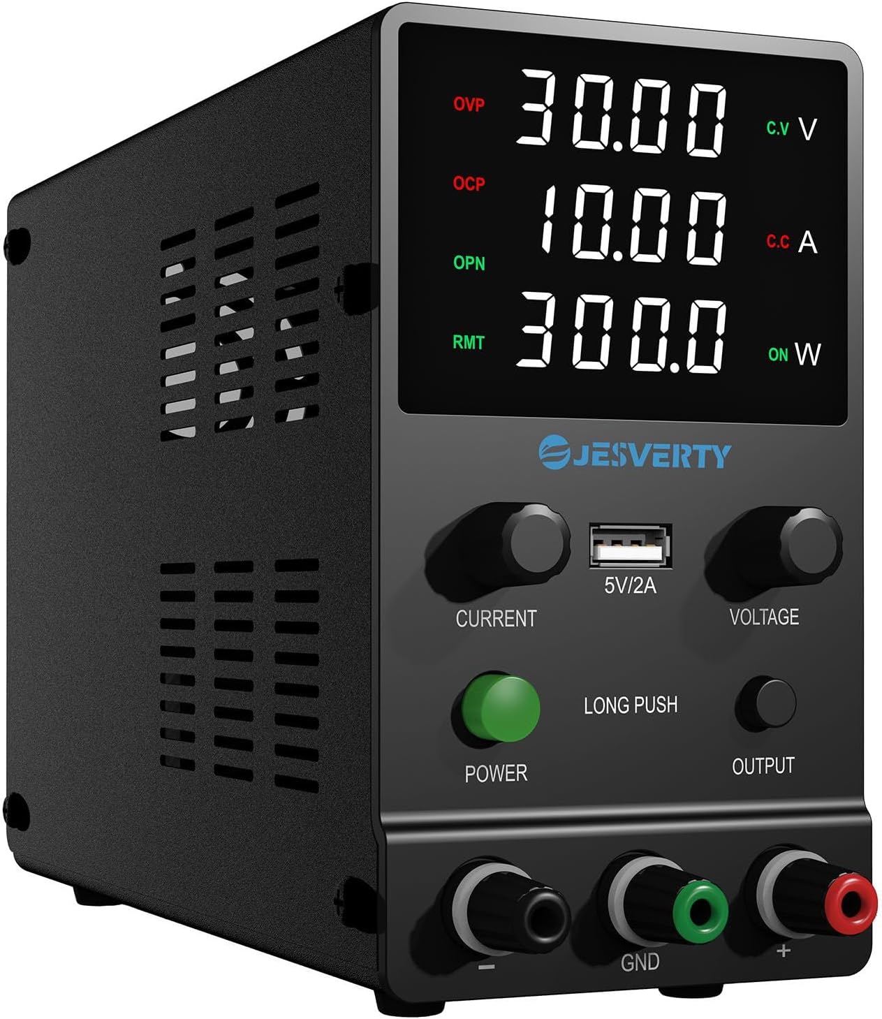 Jesverty DC Power Supply Variable, 0-30V 0-10A Adjustable Switching DC Regulated Bench Power Supply with Encoder Knob, Output On/Off Switch, 4-Digit LED Display, 5V/2A USB Charging Port - SPS-3010H