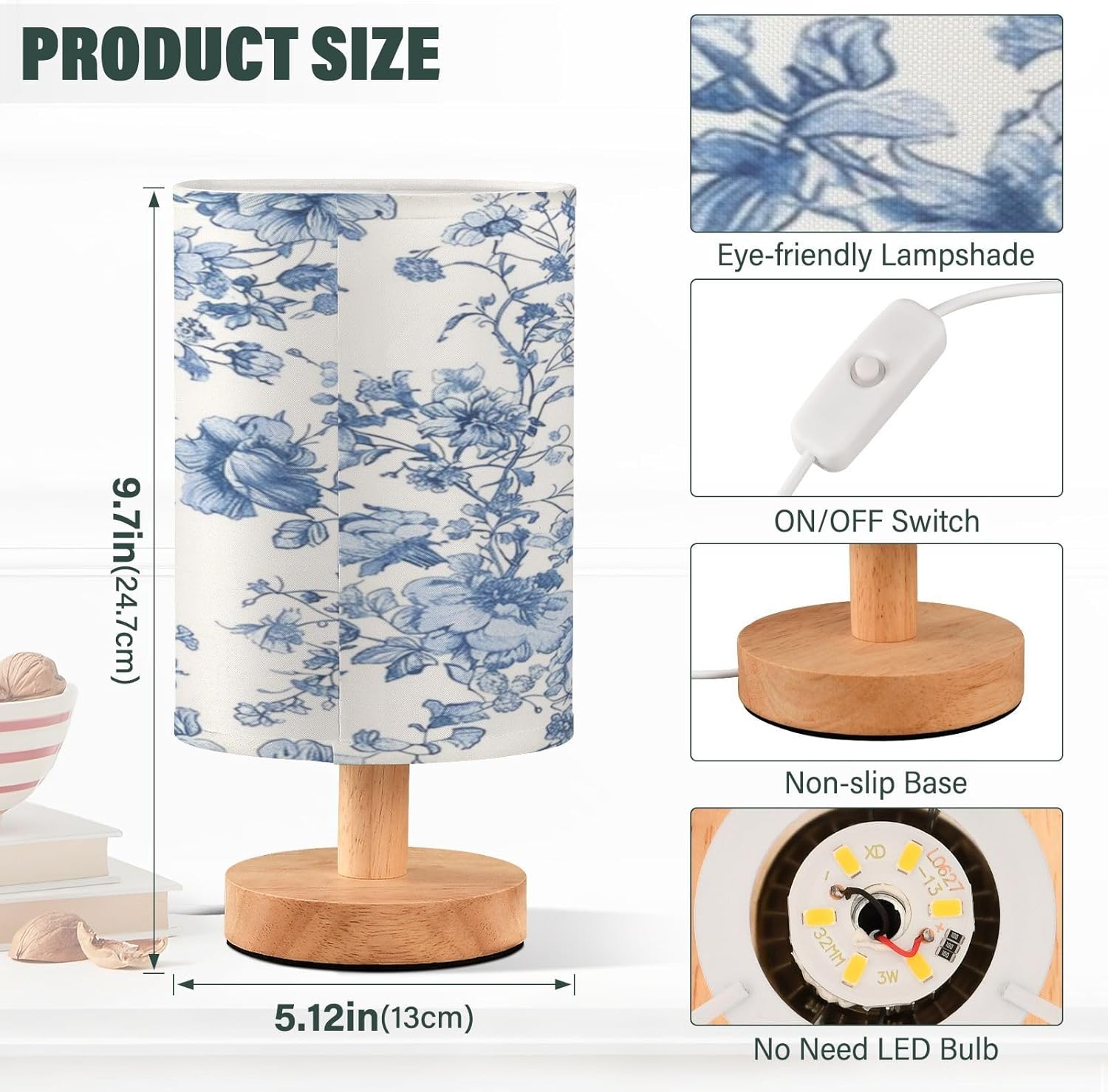 Flower Lamp Blue Floor Lamp Bedside Table Lamp for Bedroom - Push Button Switch USB Wiring Port, Wooden Base Round Linen Fabric Shade Small Lamp for Living Room, Desk, LED Bulb Included Blue Flowers
