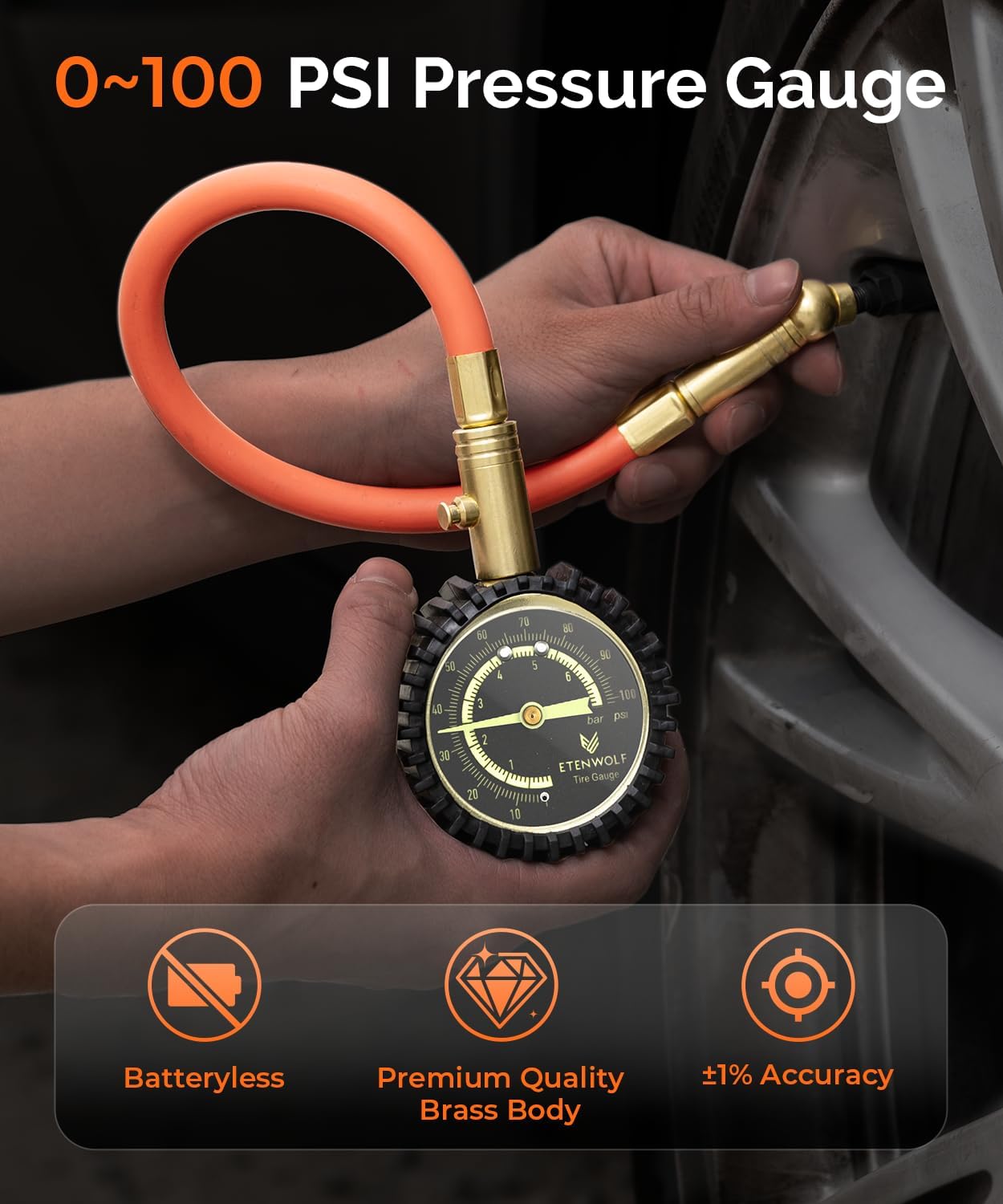 Man using ETENWOLF G200 Pro Tire Pressure Gauge on a car tire