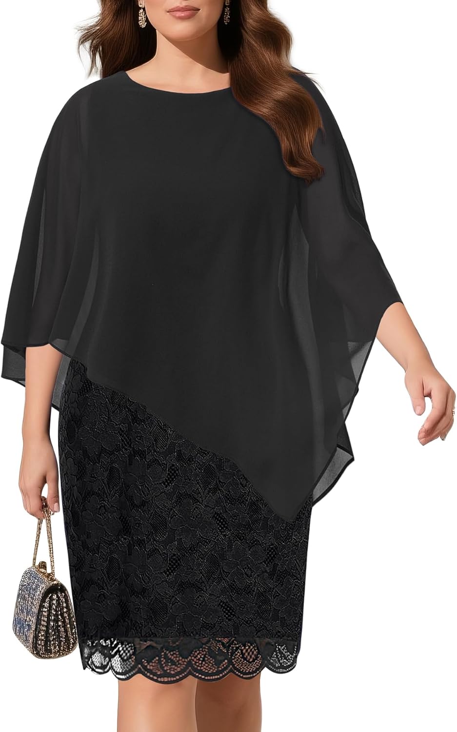 Plus Size Dresses Wedding Guest - Mother Bride Semi Formal Lace Cape with Chiffon Overlay Dresses