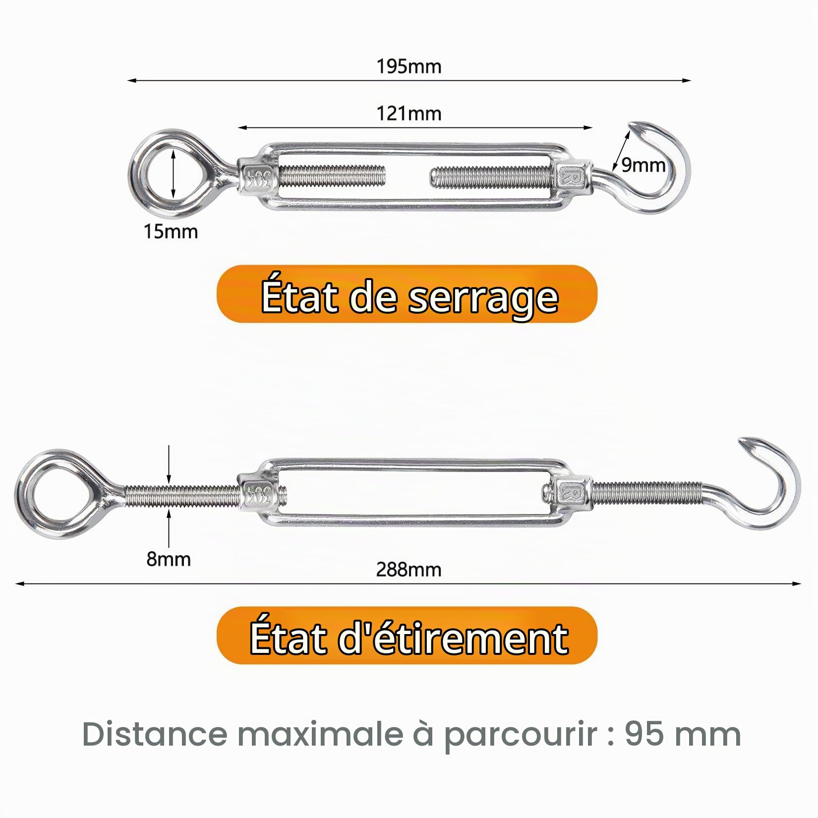 6 Pièces Tendeur Cable M8, Tendeur Fil A Linge Inox 304, Tendeurs Réglables pour Fil à linge Extérieur, Corde à Linge, Cable Inox, Suspendre,Cable de Garde Corps