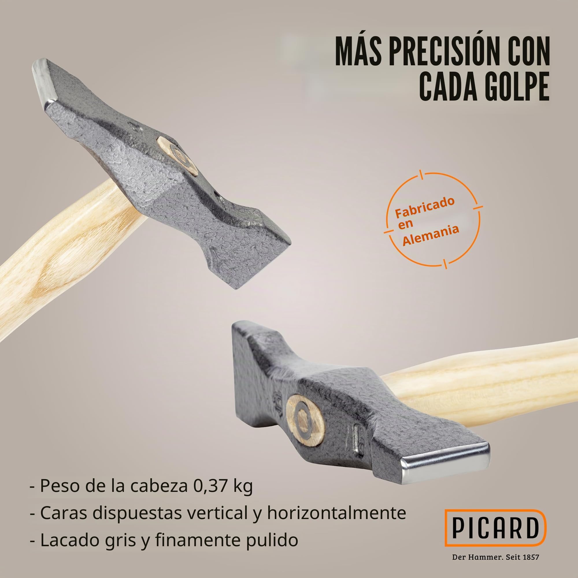 PICARD Martillo de peña cruzada Nº 175 1/2 ES, 375 gr. Martillo profesional 250g con mango de fresno | Herramienta para techadores y caldereros | Acero especial PICARD