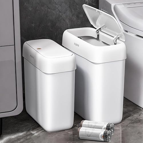 Miniatura 15 de JOYBOS Botes de basura para baño, cubo de basura de absorción con tapa tipo prensa, cubo de basura estrecho de plástico delgado a prueba de perros