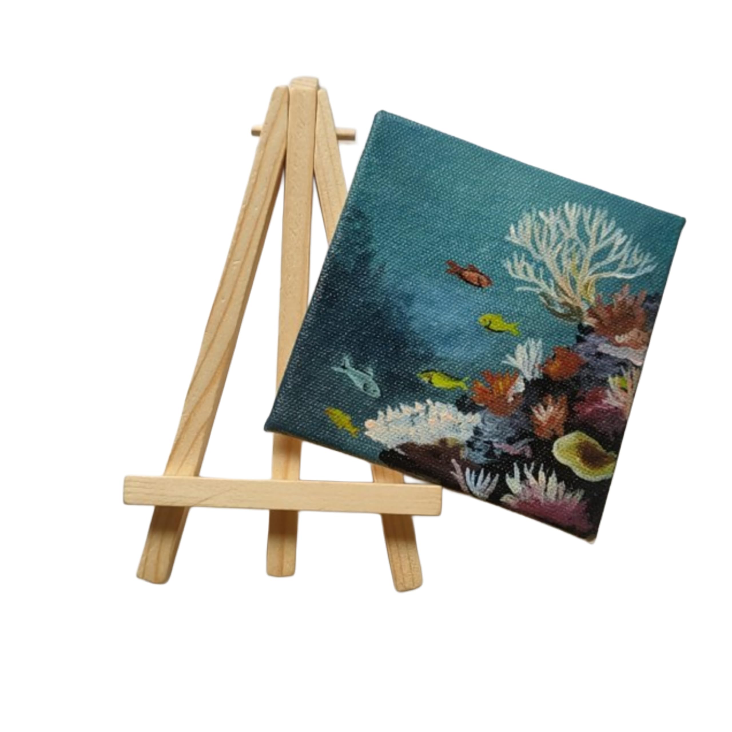 BHAGATH ART STUDIO Mini Canvas Art with Wooden Easel Stand, Underwater Coral Reef Scene, 10 cm × 10 cm, Home Decor, Fine art-image-5