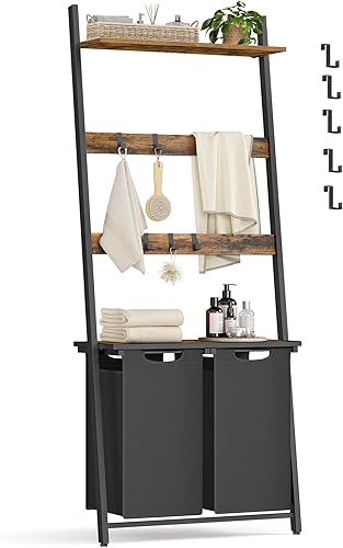 VASAGLE Laundry Basket, 2-Section Laundry Hamper with Blanket Ladder, Pull-Out and Removable Liners, Shelf, 5 Hooks, 2 x 12.1 Gallons, 28.7 x 13 x