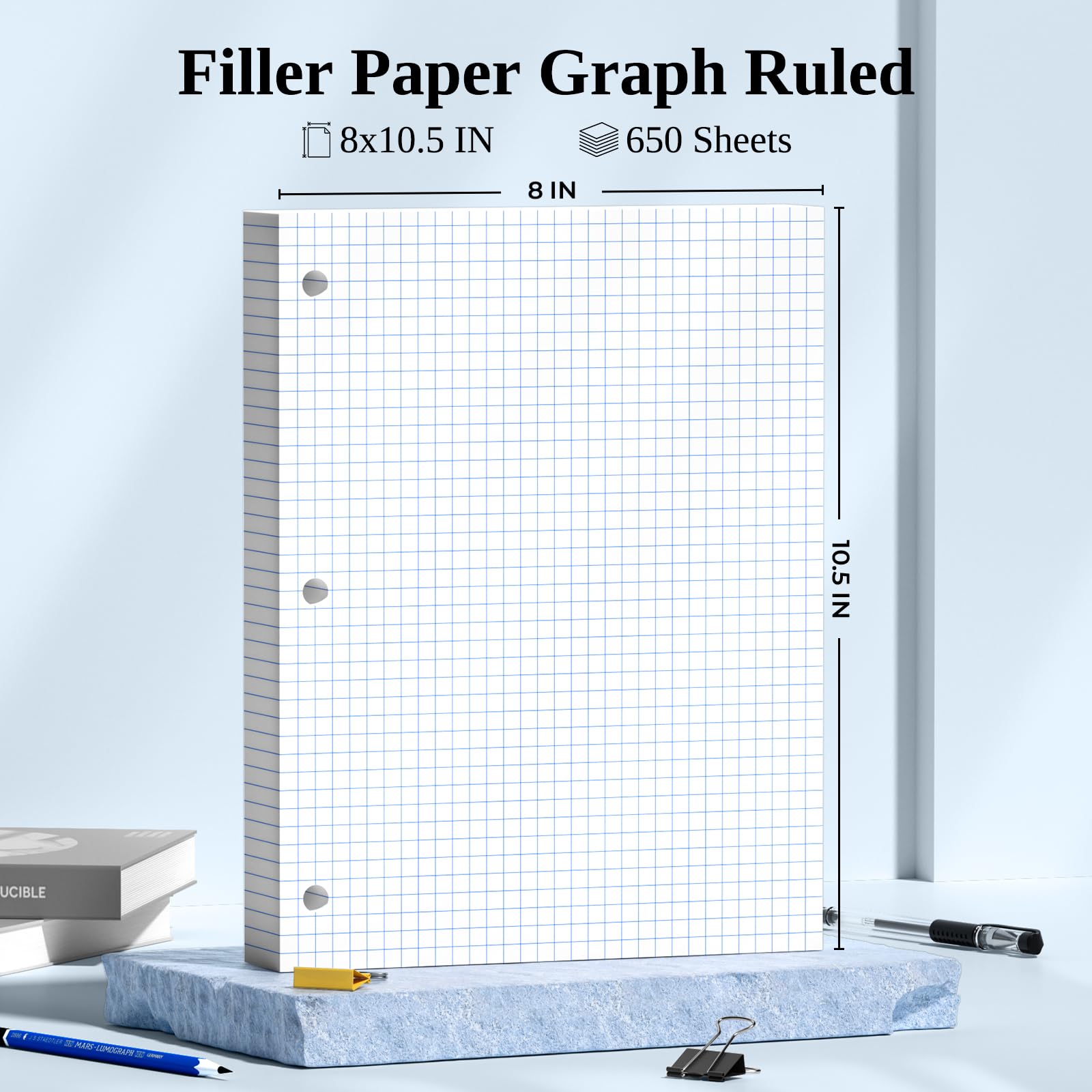 Lot de 650 feuilles de papier quadrillé à 3 trous 10,2 x 10,5 cm
