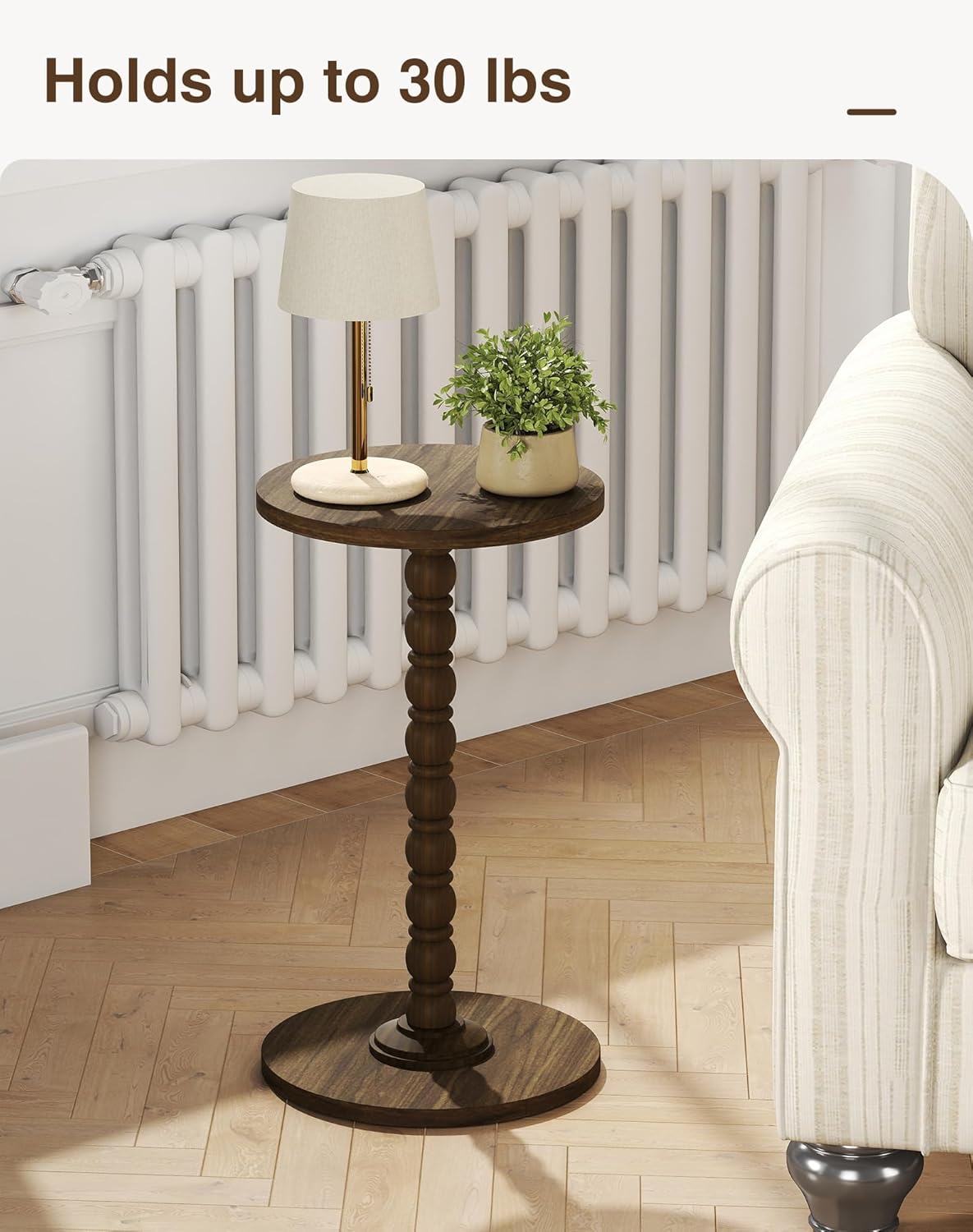 Modern Round Small End Table for Small Spaces, Pedestal Corner Side Table with Solid Wood Leg, Vintage Couch Drink Table for Sofa, Accent Coffee Tea Table for Living Room Bedroom, Walnut