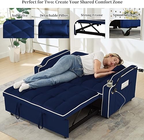 Miniatura 7 de Sofá cama biplaza con portavasos, puertos de carga USB y soporte para teléfono, sofá cama convertible para espacios pequeños, moderno sofá futón