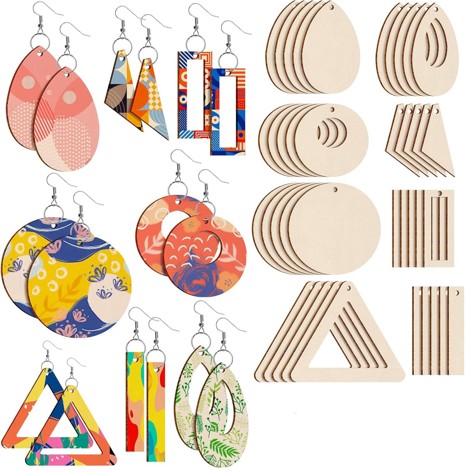 American Elm 80 Pieces Unfinished Wooden Earrings Blanks Wooden Teardrop/Circle/Triangle/Rectangle Shapes Earrings Pendants Wood Earring