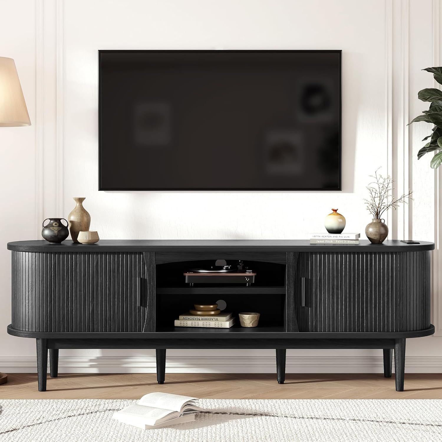 Photo 1 of ****CHECKED 8/2/25 - SOLD AS IS/ NO RETURNS - SALE FINAL - FOR PARTS ONLY****Decofy Mid Century TV Stand for TVs up to 80 Inches, Entertainment Center with Storage, Power Outlet, Fluted Sliding Doors & Adjustable Shelves, Modern Media TV Console Table for