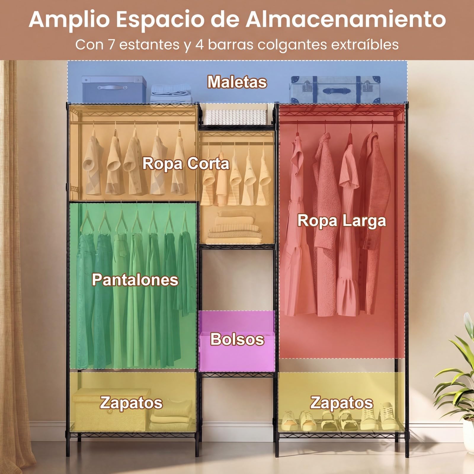 COSTWAY Armario Ropa Metálico, 7 Estantes Ajustables y 4 Barras para Colgar, Perchero Burro Ropa, Convertible con Instalación en L y Horizontal, 188 x 46 x 198 cm, Carga 530 kg (Negro)