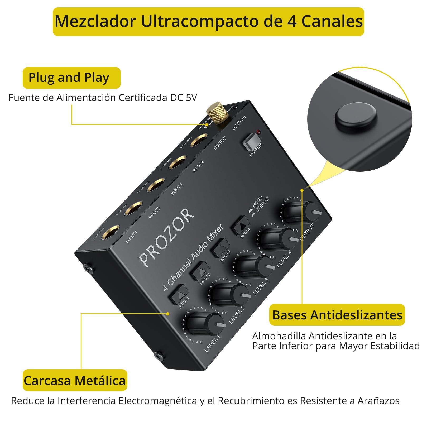PROZOR Mezclador Audio 4 Canales Compacto USB-C - Control Volumen Independiente, 4 Entradas/Salidas 6,35mm, Interruptor Estéreo Mono, Bajo Ruido para Micrófono Guitarra Bajo DJ Streaming Grabación