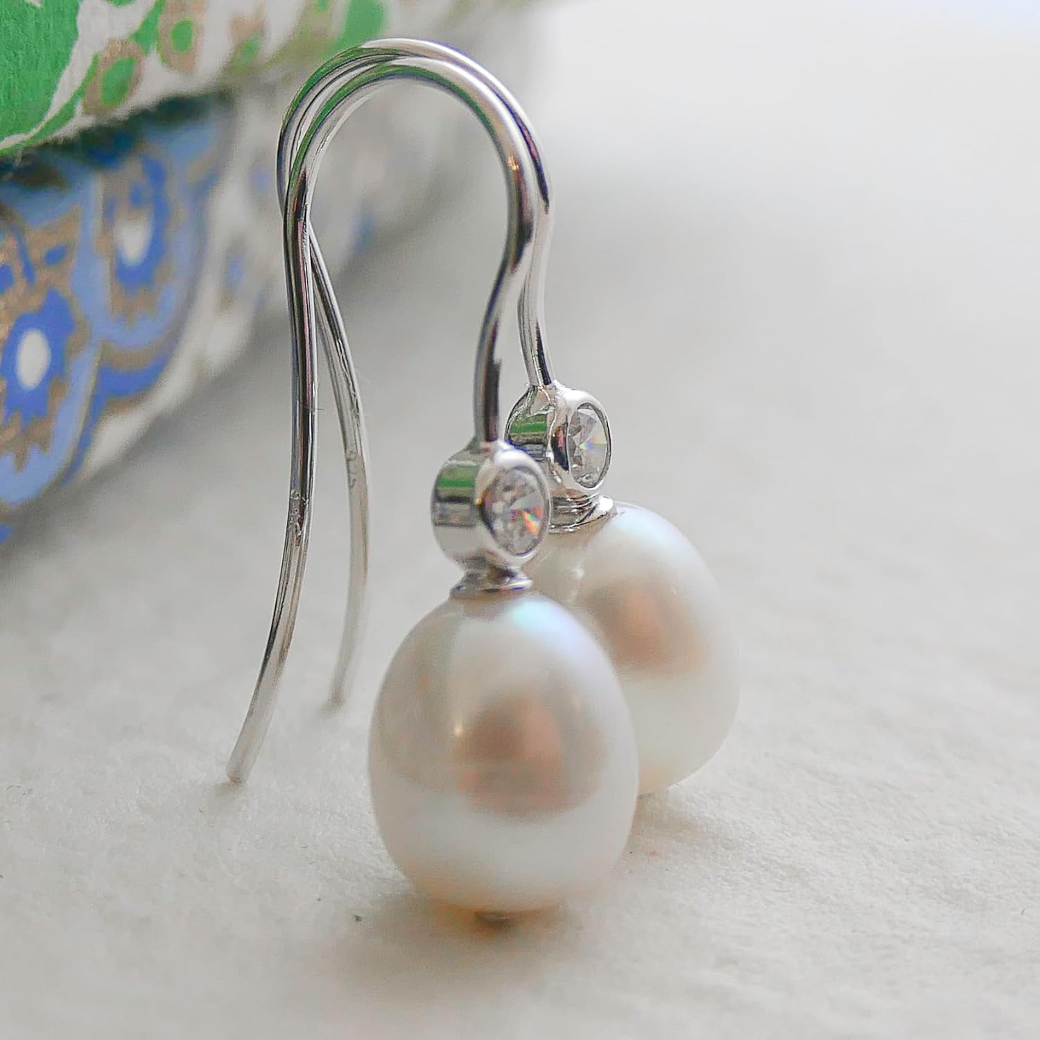 8-9mm Cultured Freshwater Pearl and Cubic Zirconia Sterling Silver Drop Dangle Earrings - Handmade Jewelry Gift Ideas for Women - Wedding and Bridal Jewellery
