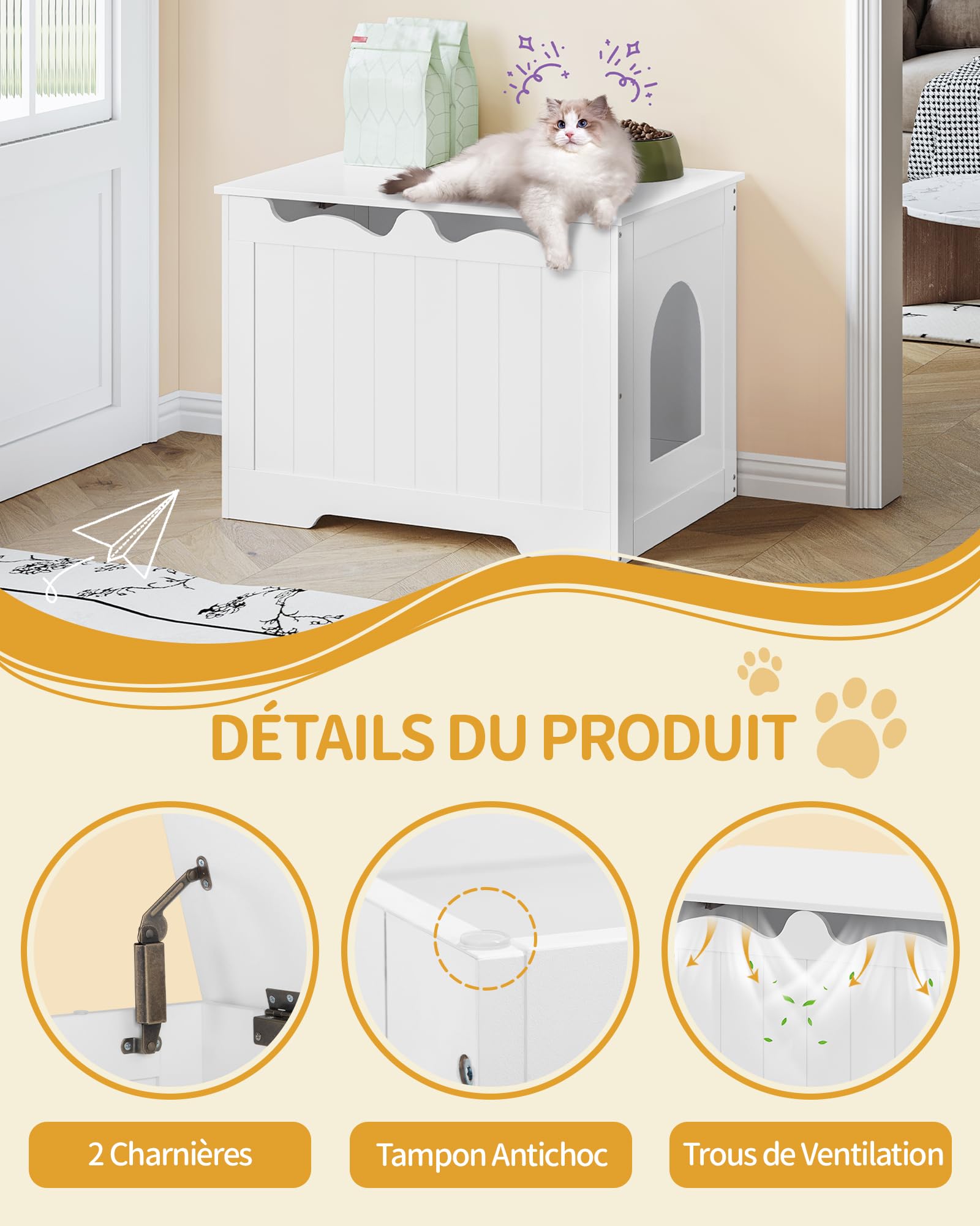 Hzuaneri Maison de Toilette Chat, Meuble Litiere Chat, Meuble D'armoire Caché à Ouverture Supérieure, Maison pour Chats D'intérieur, Boîte de Rangement, 70 x 50 x 53 cm, pour Chambres, Blanc CB84803X