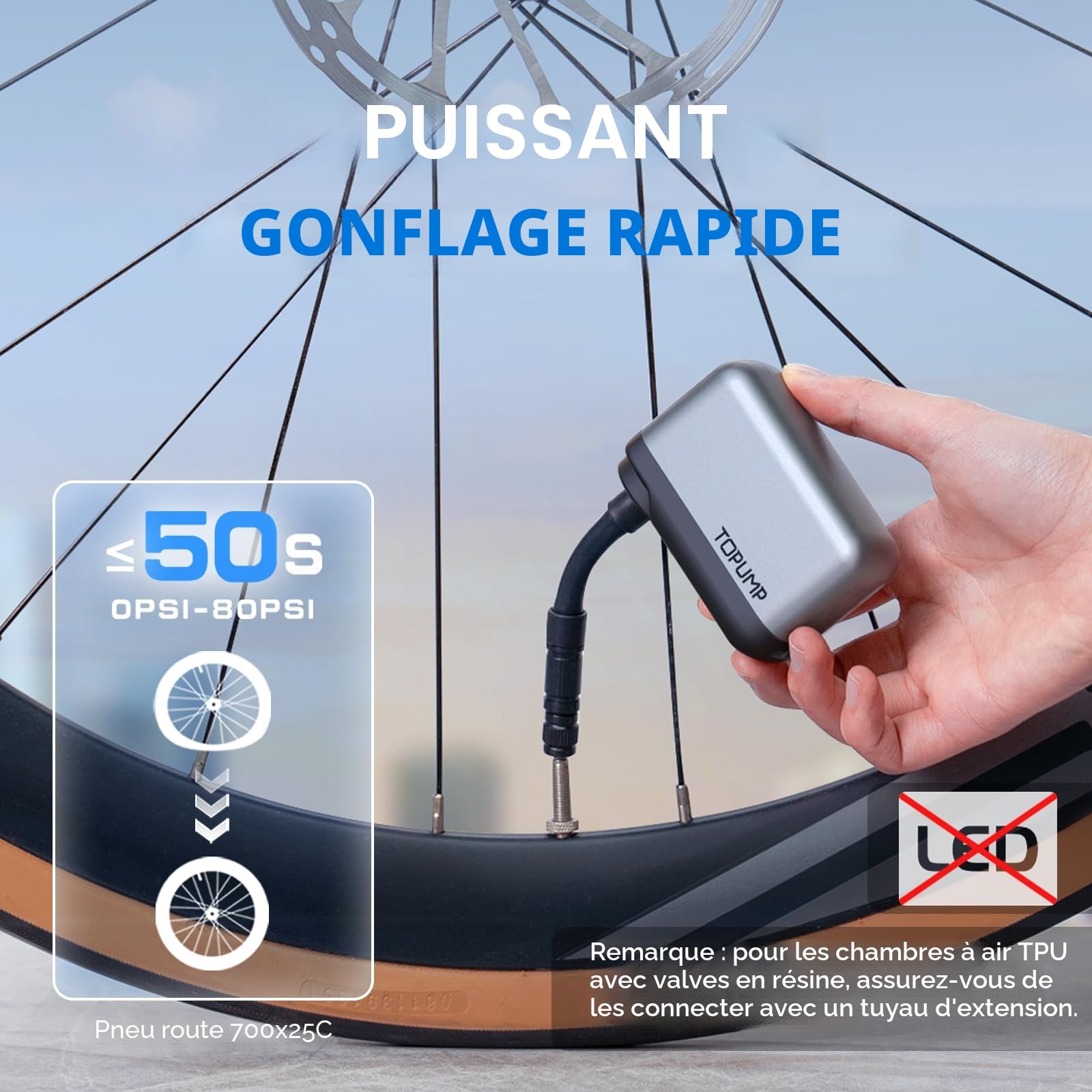 Mini Pompe à vélo, Pompe à vélo électrique Portable, gonflage Rapide 120PSI, Batterie Rechargeable Type C, avec valves Shrader et Presta pour vélos de Route (sans Affichage)