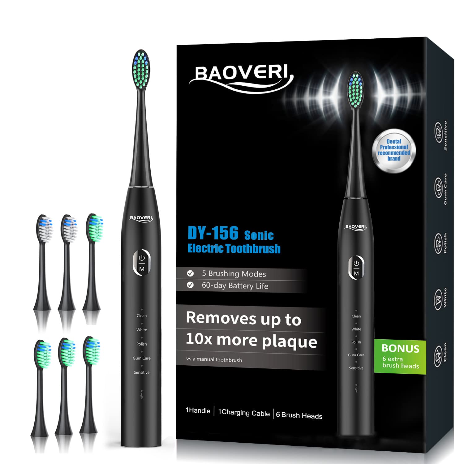 BAOVERI Electric Toothbrush for Adults Kids Rechargeable Ultrasonic Electric Toothbrush with 6 Dupont Brush Heads IPX7 Waterproof 5
