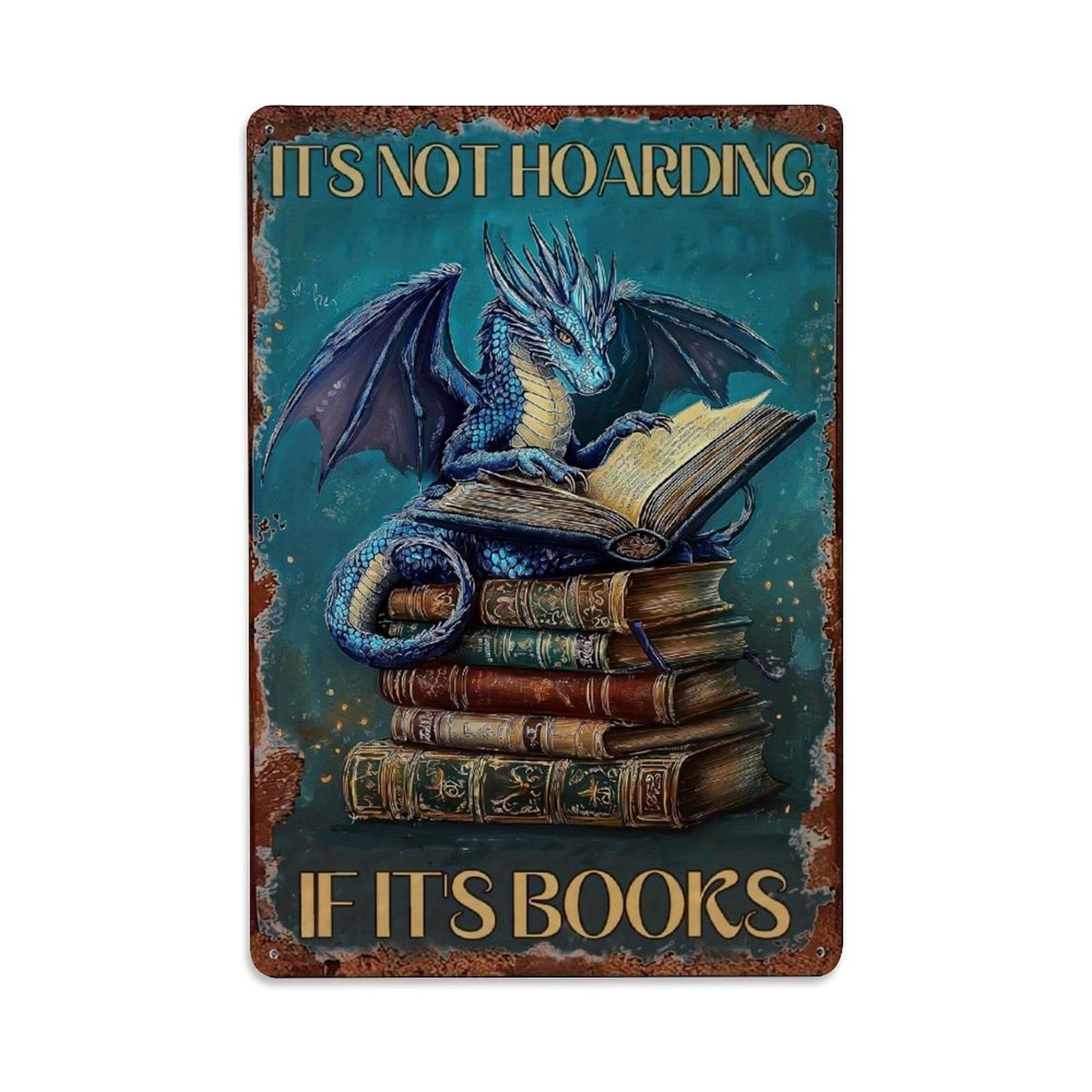 Bliveurn Vintage Blue Dragon Reading Books Stack Retro Metal Tin Sign, Metal Poster For Home, Gaming Room, Studio Workshop,Bar,Garage Wall Art Decor 8X12 Inch
