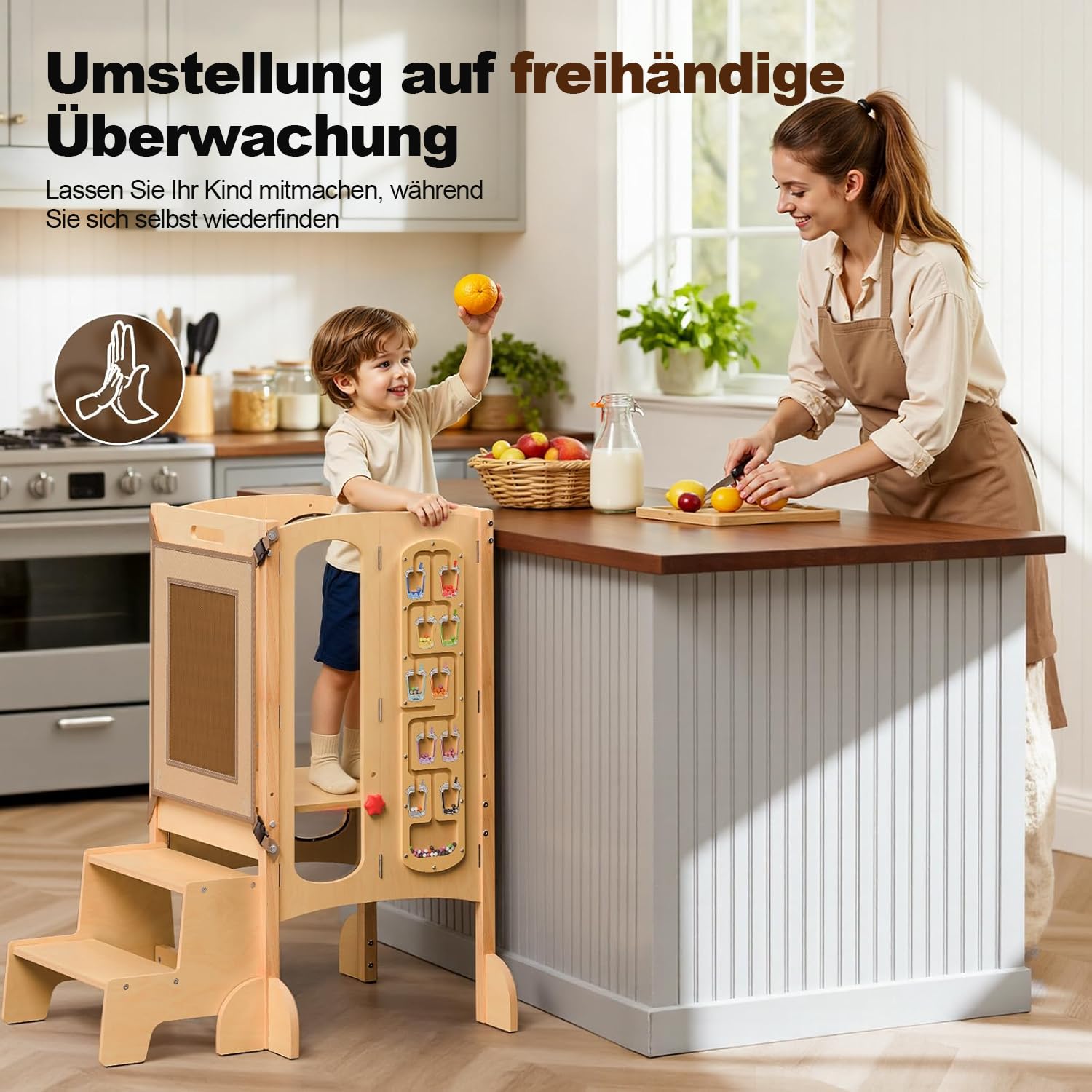 Lernturm ab 1 jahr, 5 in 1 Multifunktional Lernturm für Kinder, Montessori Learning Tower mit Tafel, 360° Sicherheitsnetz, Spielbrett für Kinder, Kippschutz, 100% Natürliche Birke, Vormontage