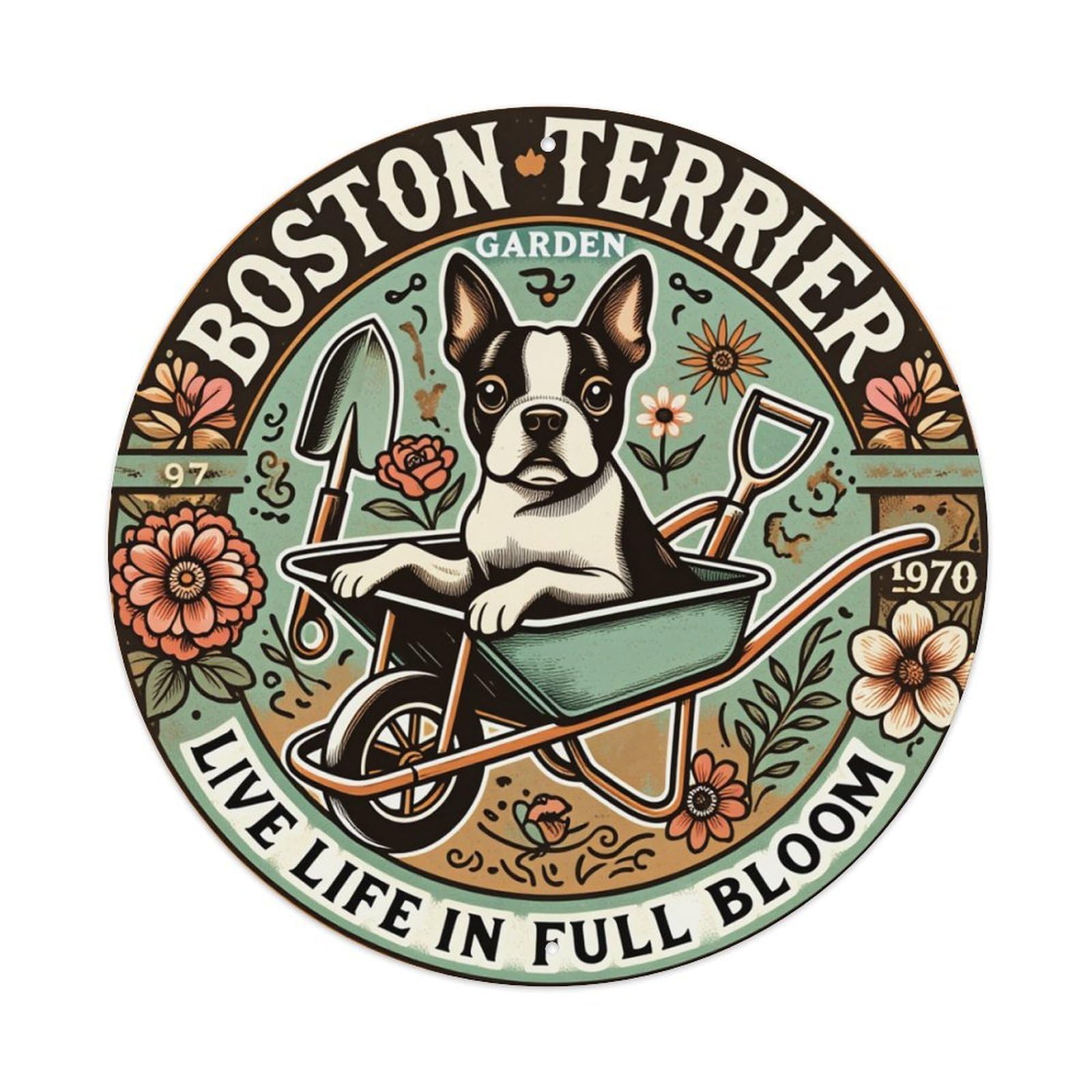 Boston Terrier Garden Wheelbarrow Flowers Round Tin Sign Retro Metal Sign for Cafe Bar Pub Home Game Room Gym Club Wall Decoration Vintage Metal Poster 8x8 Inch